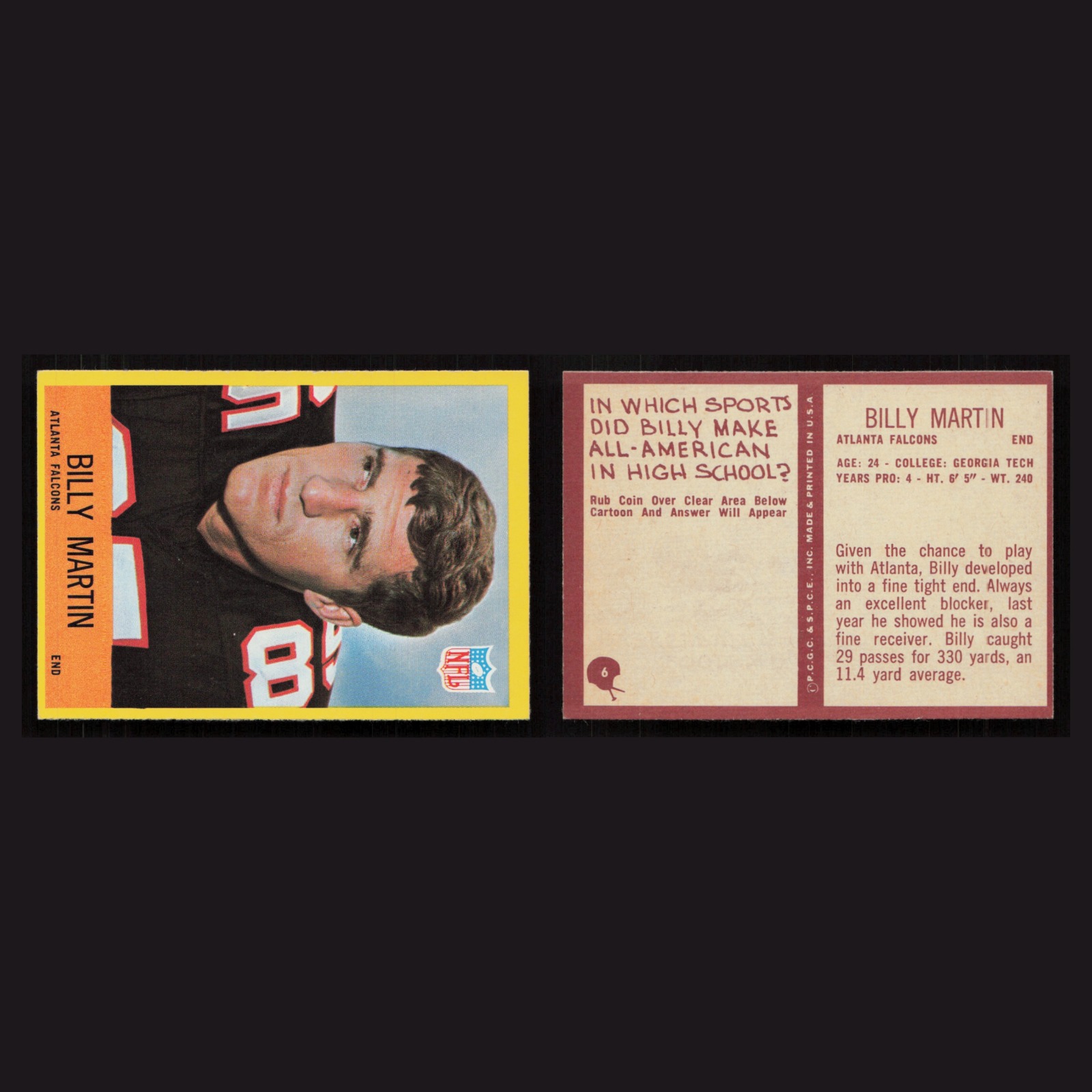 1967 Billy Martin #6 NM-MT Philadelphia Atlanta Falcons Vintage Football Card front and back scans. Card condition is Near Mint.
