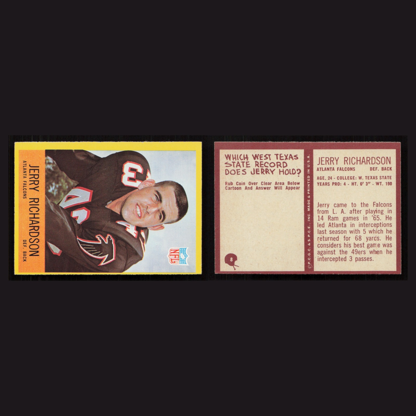 1967 Jerry Richardson #8 NM Philadelphia checklist Atlanta Falcons Vintage Card front and back scans. Card condition is Near Mint.
