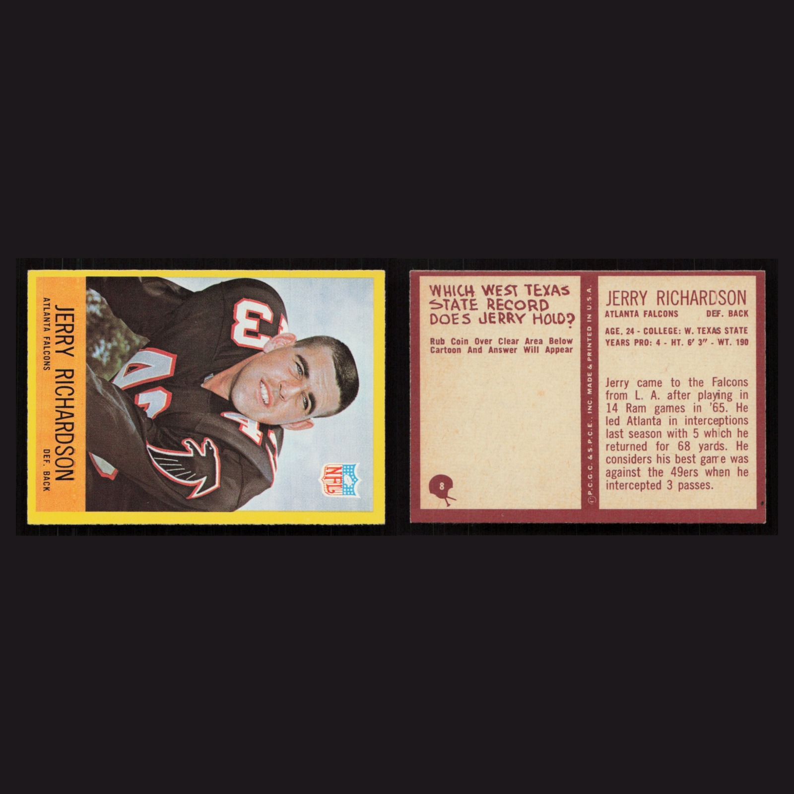 1967 Jerry Richardson #8 NM Philadelphia Atlanta Falcons Vintage Football Card front and back scans. Card condition is Near Mint.