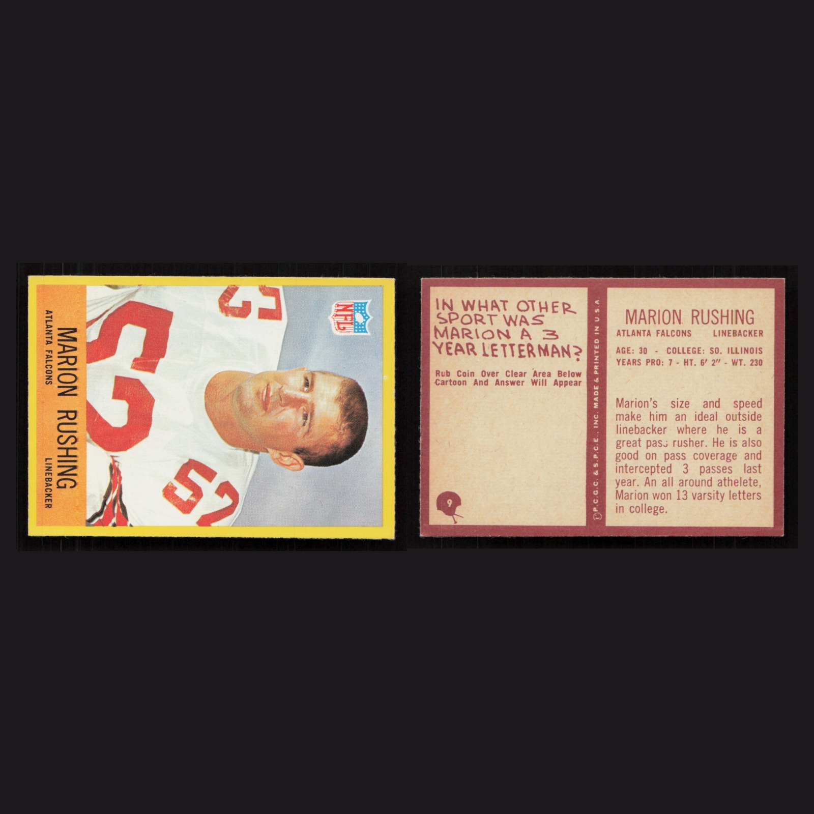1967 Marion Rushing #9 NM-MT Philadelphia Atlanta Falcons Vintage Football Card front and back scans. Card condition is Near Mint.