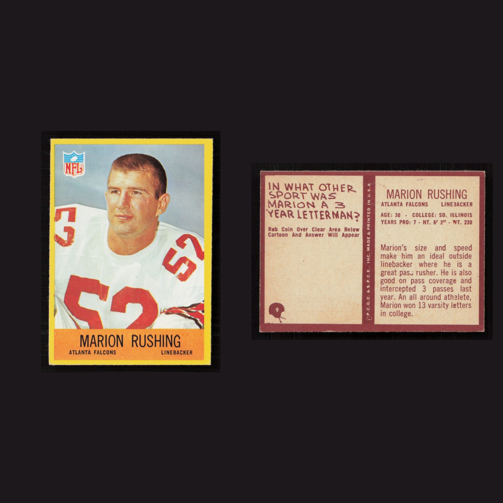 1967 Marion Rushing #9 NM Philadelphia Atlanta Falcons Vintage Football Card NFL front and back scans. Card condition is Near Mint.