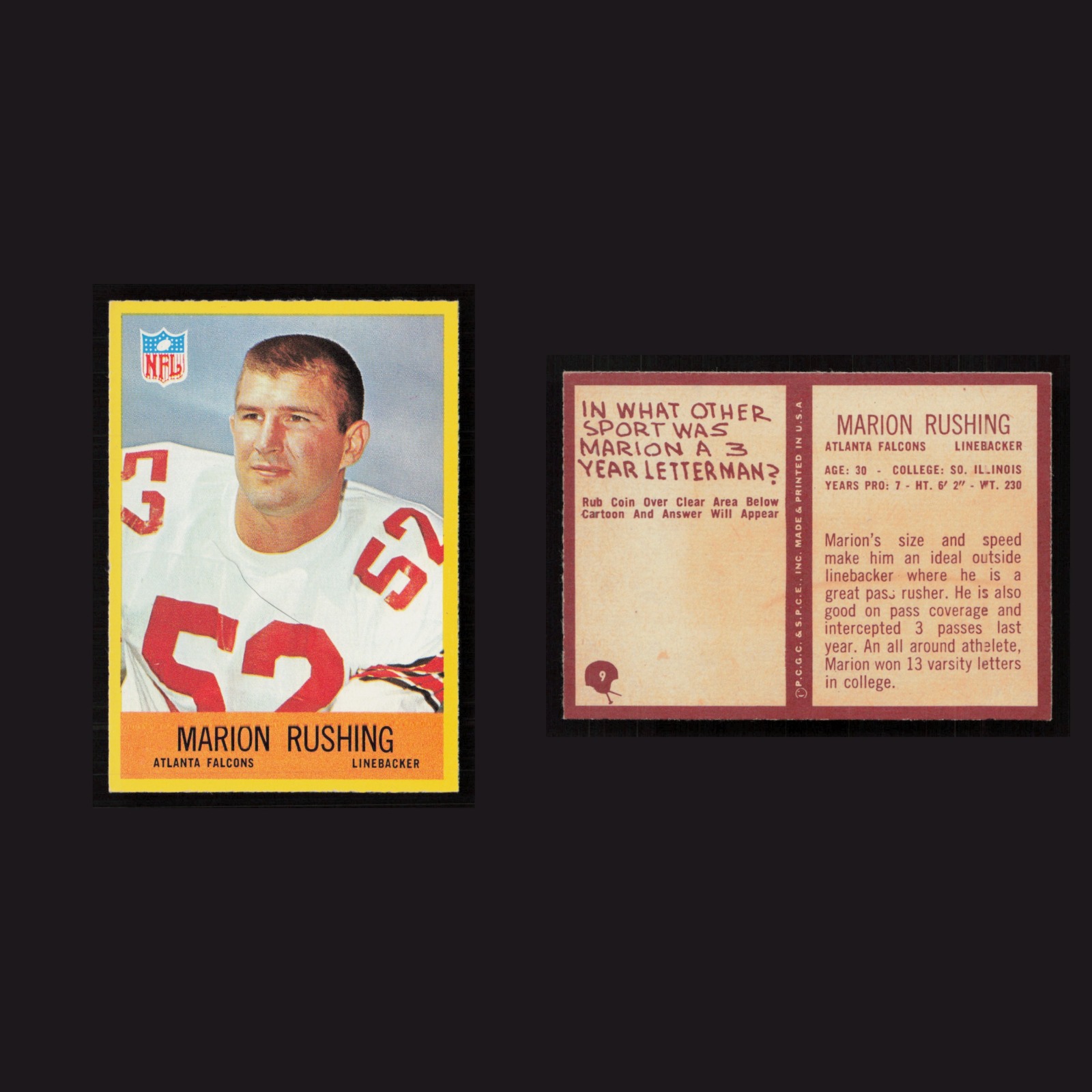 1967 Marion Rushing #9 NM Philadelphia Atlanta Falcons Vintage Football Card NFL front and back scans. Card condition is Near Mint.