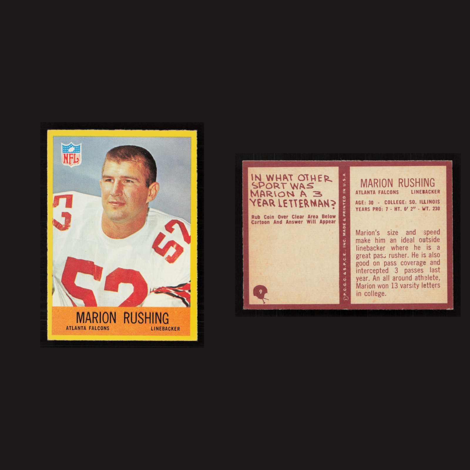 1967 Marion Rushing #9 NM-MT Philadelphia Atlanta Falcons Vintage Football Card front and back scans. Card condition is Near Mint.