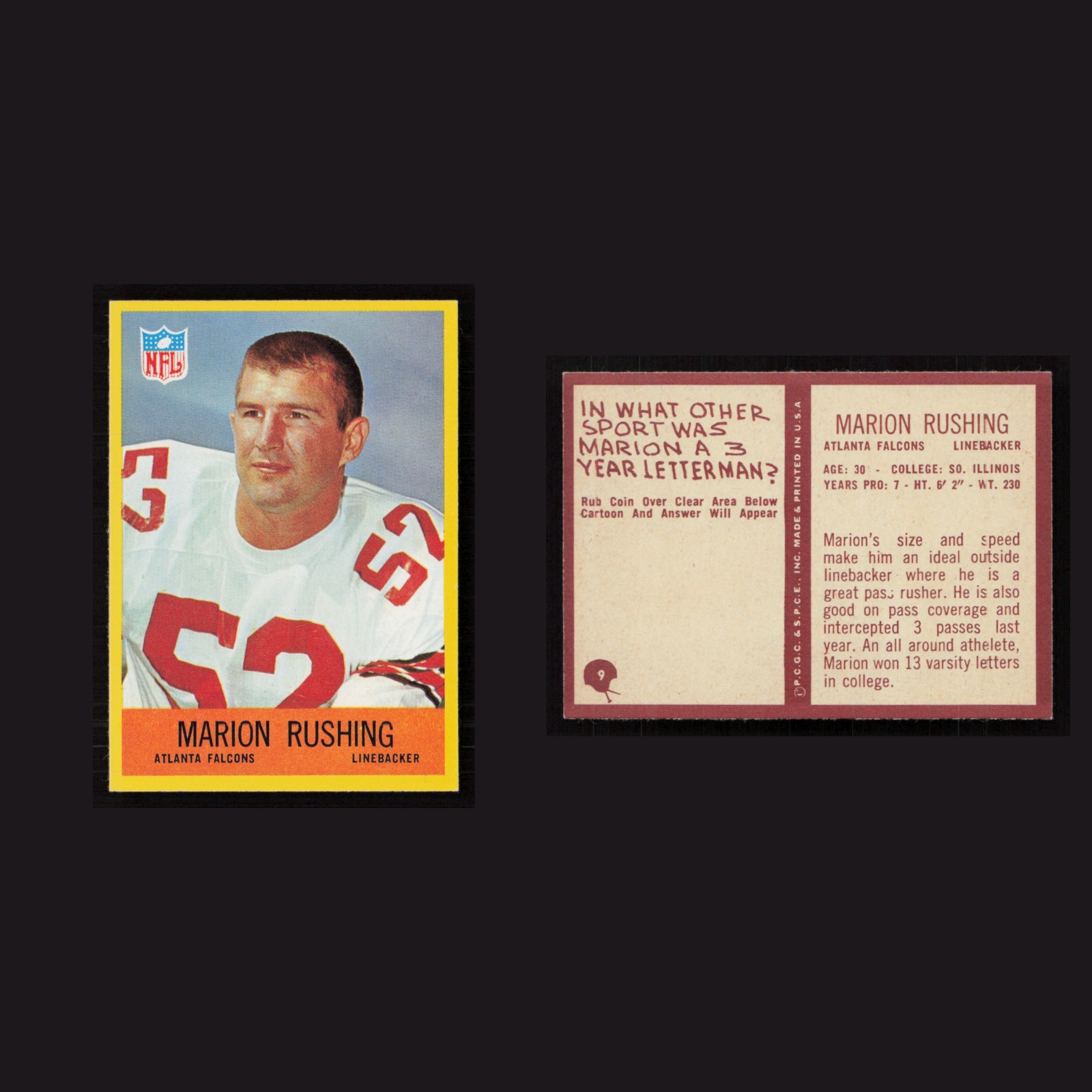 1967 Marion Rushing #9 NM-MT Philadelphia Atlanta Falcons Vintage Football Card front and back scans. Card condition is Near Mint.