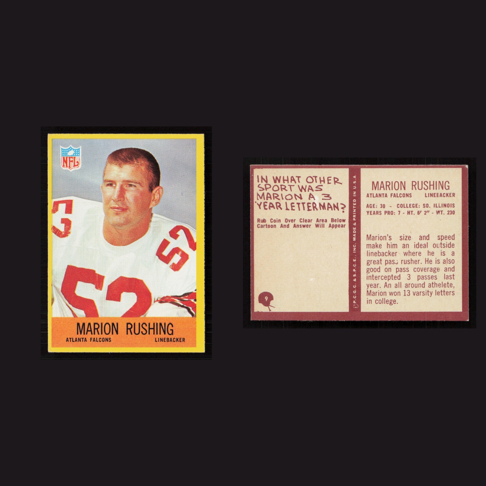 1967 Marion Rushing #9 NM Philadelphia Atlanta Falcons Vintage Football Card NFL front and back scans. Card condition is Near Mint.