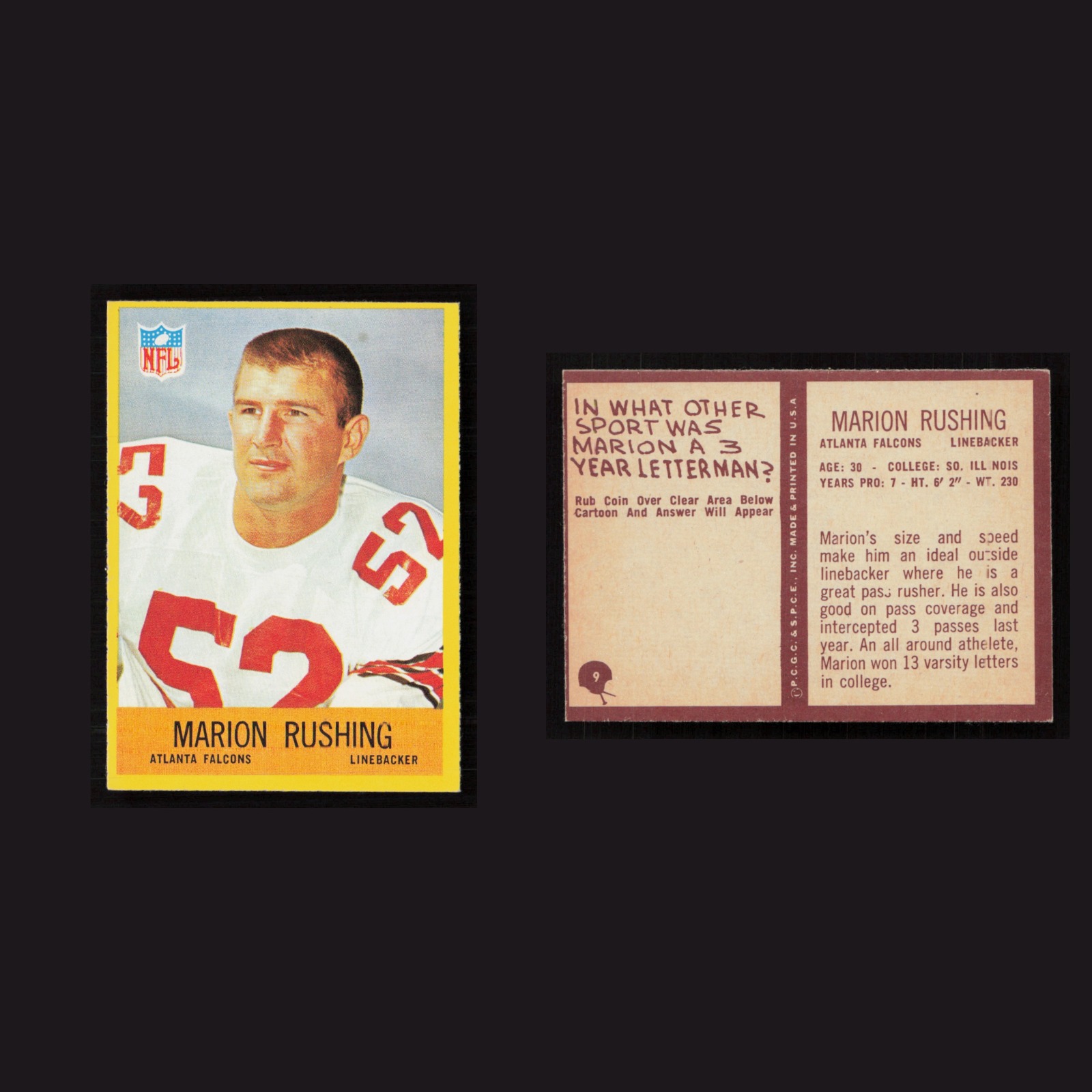 1967 Marion Rushing #9 NM-MT Philadelphia Atlanta Falcons Vintage Football Card front and back scans. Card condition is Near Mint.