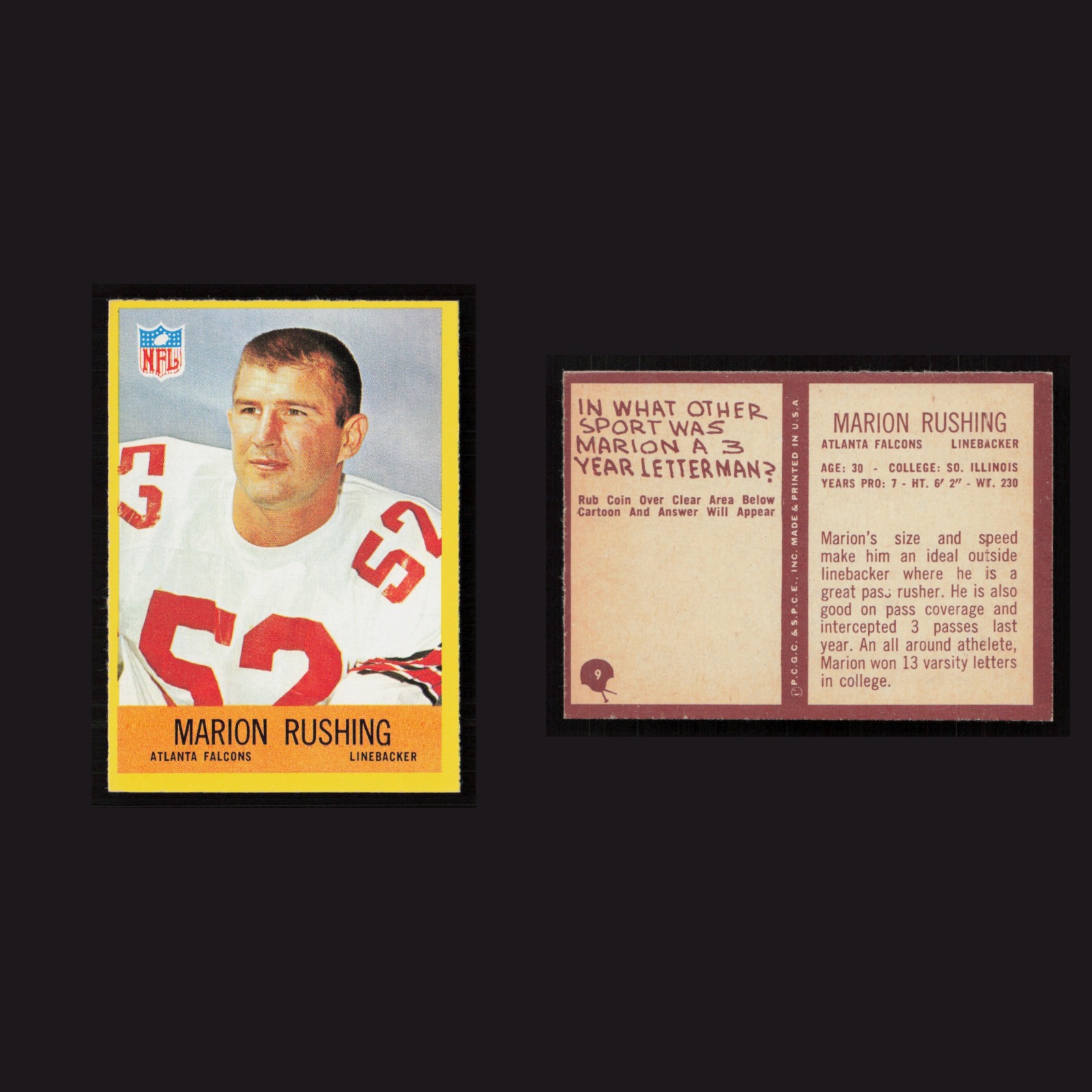 1967 Marion Rushing #9 NM Philadelphia Atlanta Falcons Vintage Football Card NFL front and back scans. Card condition is Near Mint.