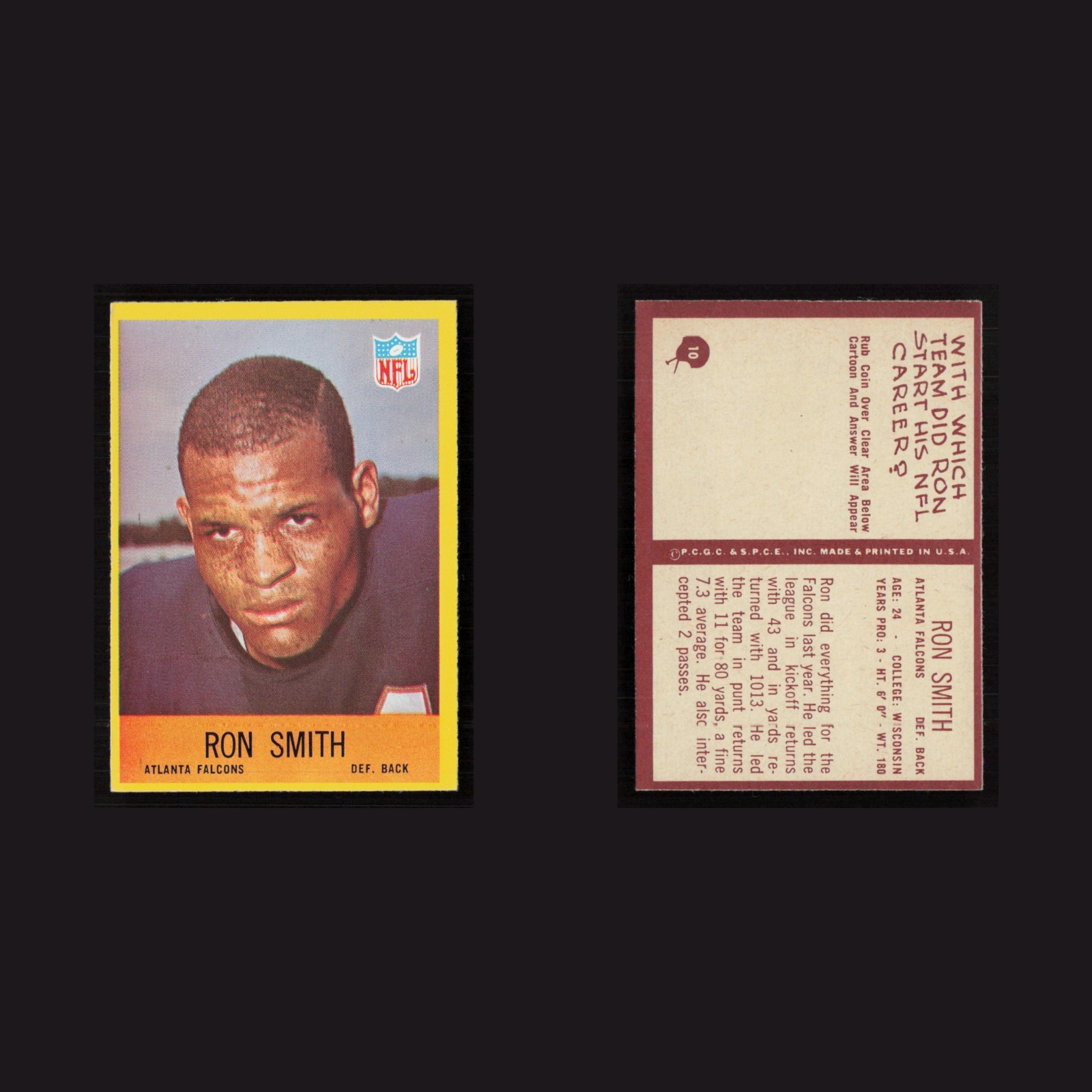 1967 Ron Smith #10 NM-MT Philadelphia Atlanta Falcons Vintage Football Card NFL front and back scans. Card condition is Near Mint.