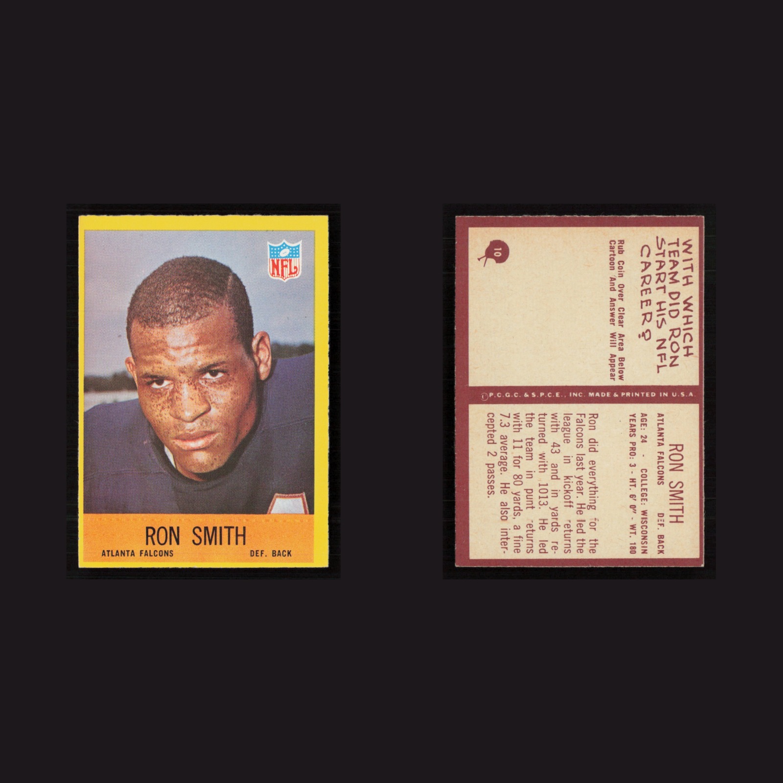 1967 Ron Smith #10 NM-MT Philadelphia Atlanta Falcons Vintage Football Card NFL front and back scans. Card condition is Near Mint.