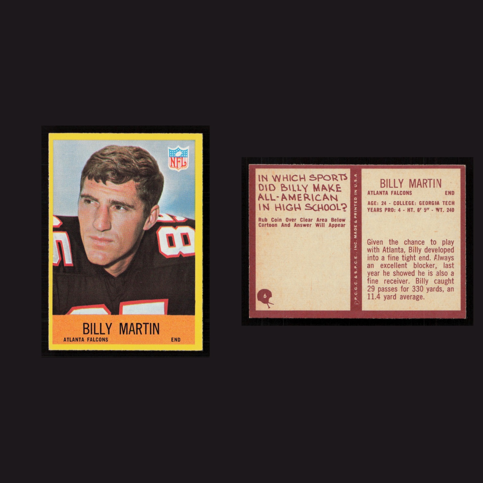 1967 Billy Martin #6 MINT Philadelphia Atlanta Falcons Vintage Football Card NFL front and back scans. Card condition is Near Mint.
