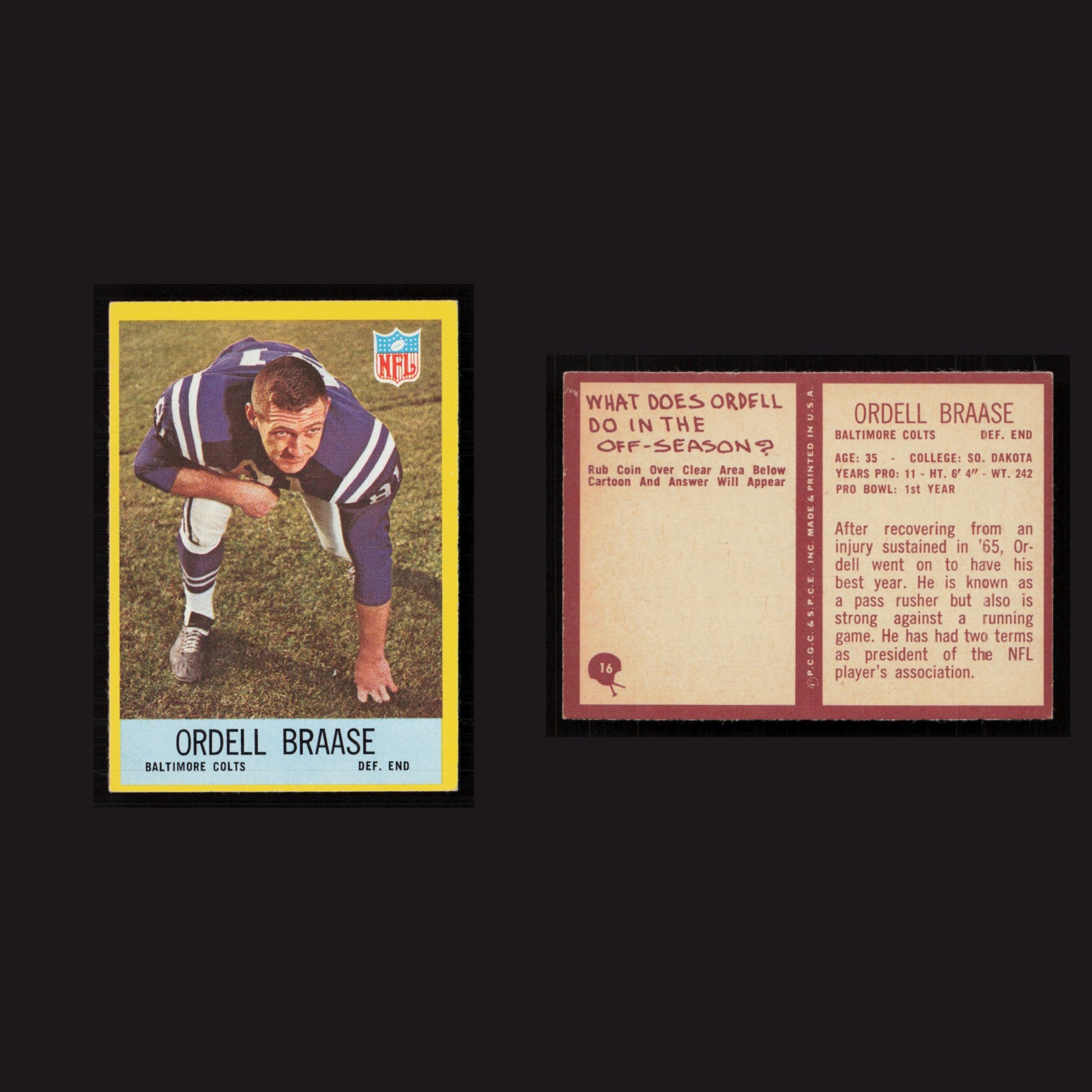 1967 Ordell Braase #16 NM Philadelphia Baltimore Colts Vintage Football Card NFL front and back scans. Card condition is Near Mint.