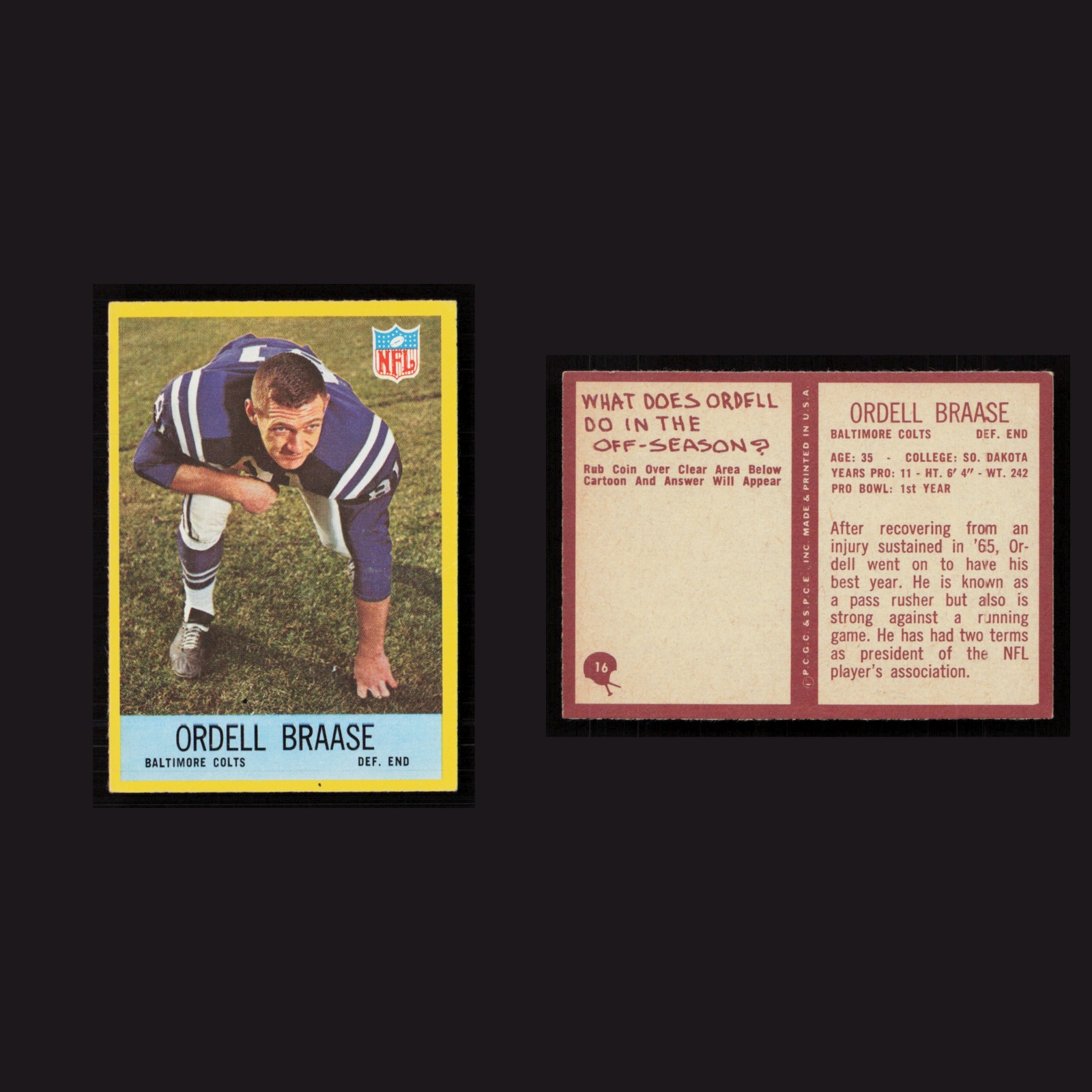 1967 Ordell Braase #16 NM-MT Philadelphia Baltimore Colts Vintage Football Card front and back scans. Card condition is Near Mint.