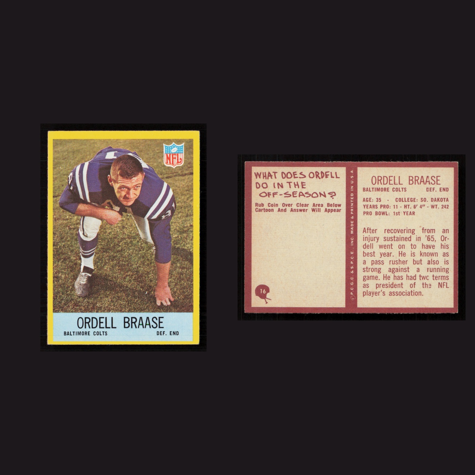 1967 Ordell Braase #16 NM Philadelphia Baltimore Colts Vintage Football Card NFL front and back scans. Card condition is Near Mint.