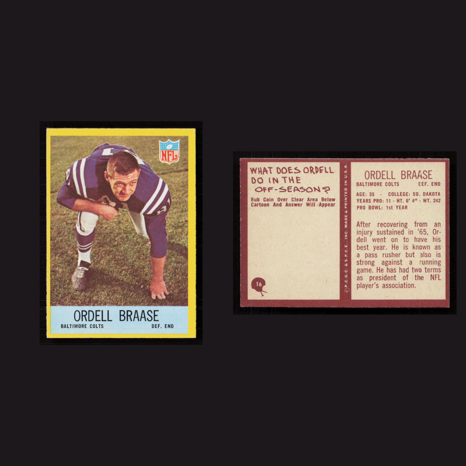1967 Ordell Braase #16 NM-MT Philadelphia Baltimore Colts Vintage Football Card front and back scans. Card condition is Near Mint.