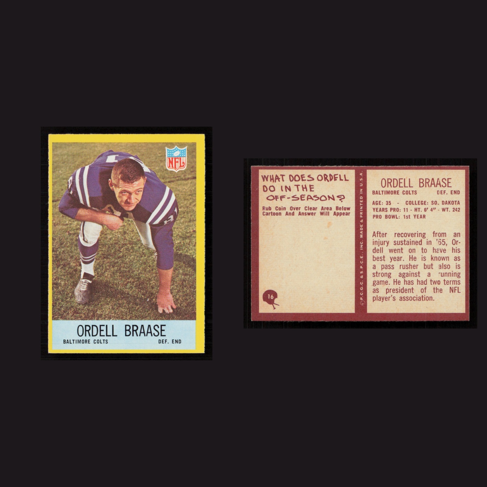 1967 Ordell Braase #16 NM Philadelphia Baltimore Colts Vintage Football Card NFL front and back scans. Card condition is Near Mint.