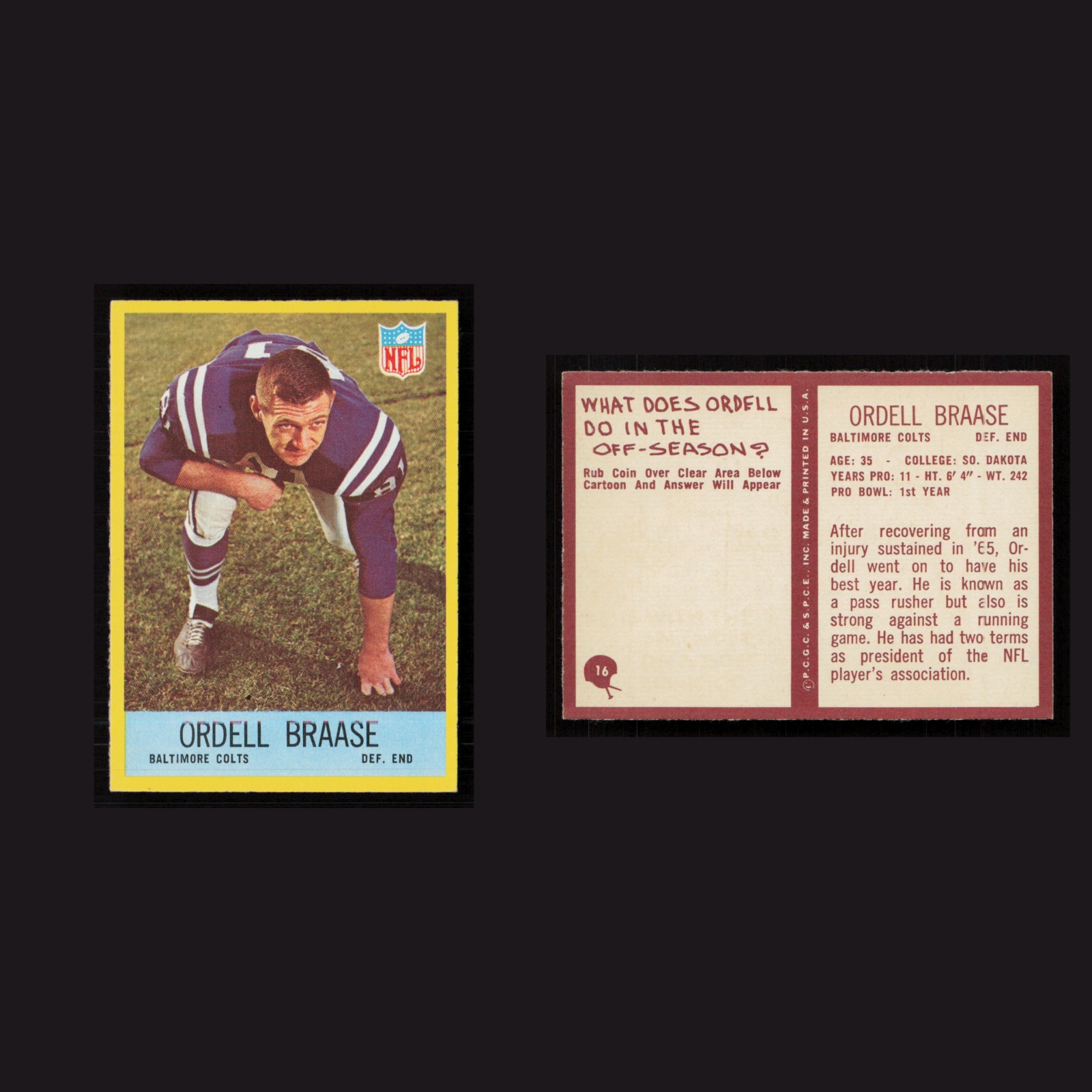 1967 Ordell Braase #16 MINT Philadelphia Baltimore Colts Vintage Football Card front and back scans. Card condition is Near Mint.