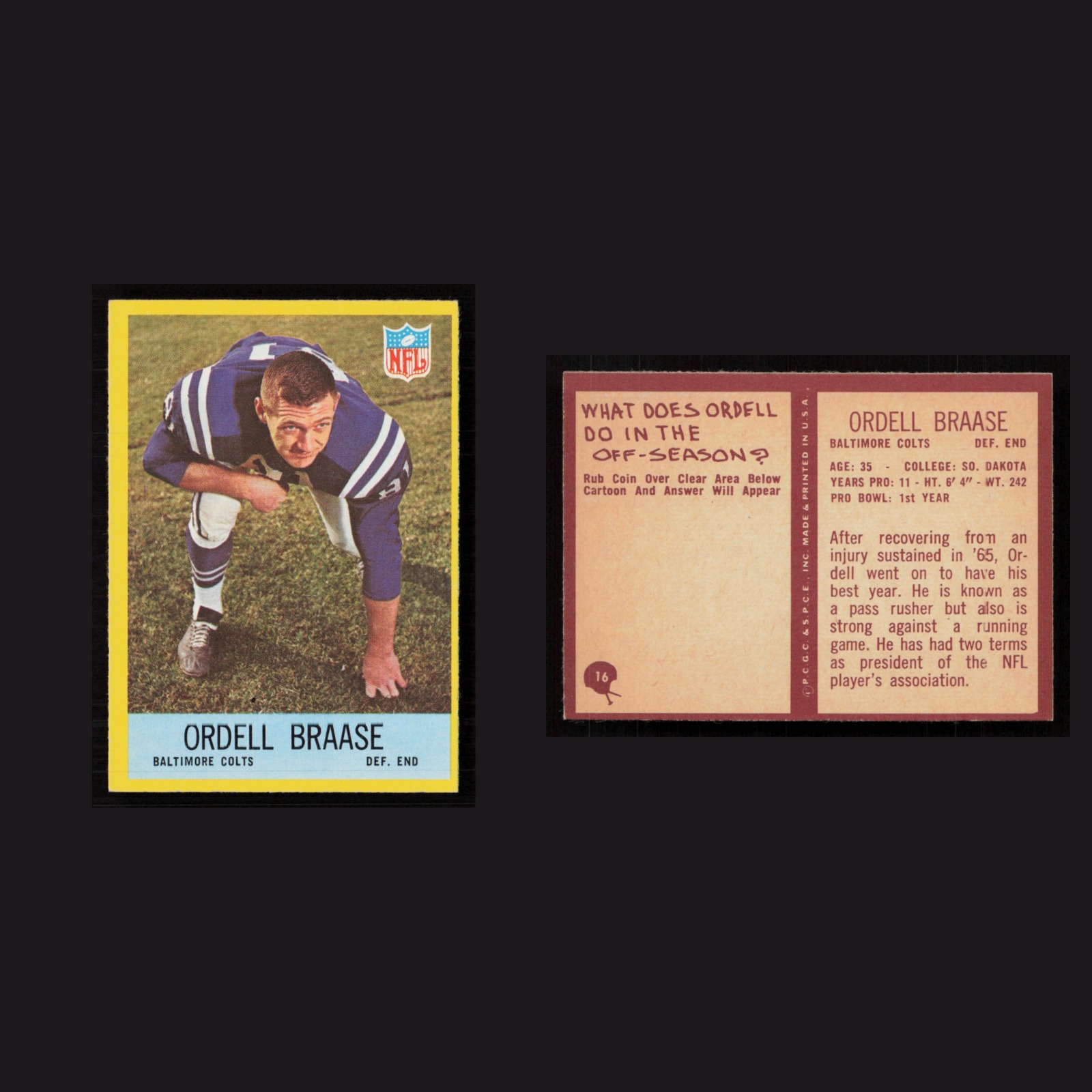 1967 Ordell Braase #16 NM Philadelphia Baltimore Colts Vintage Football Card NFL front and back scans. Card condition is Near Mint.
