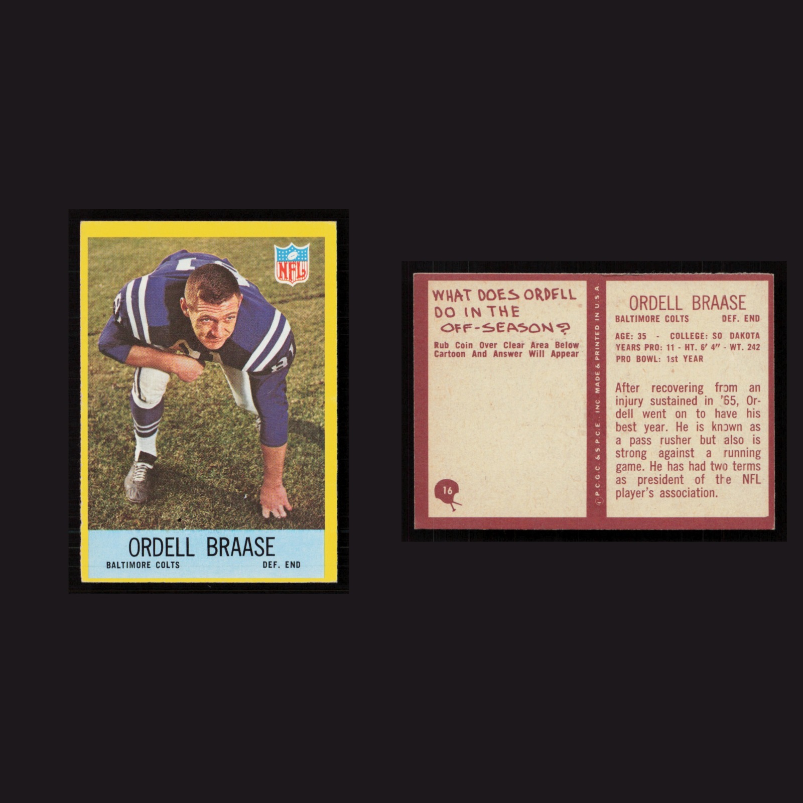 1967 Ordell Braase #16 NM Philadelphia Baltimore Colts Vintage Football Card NFL front and back scans. Card condition is Near Mint.