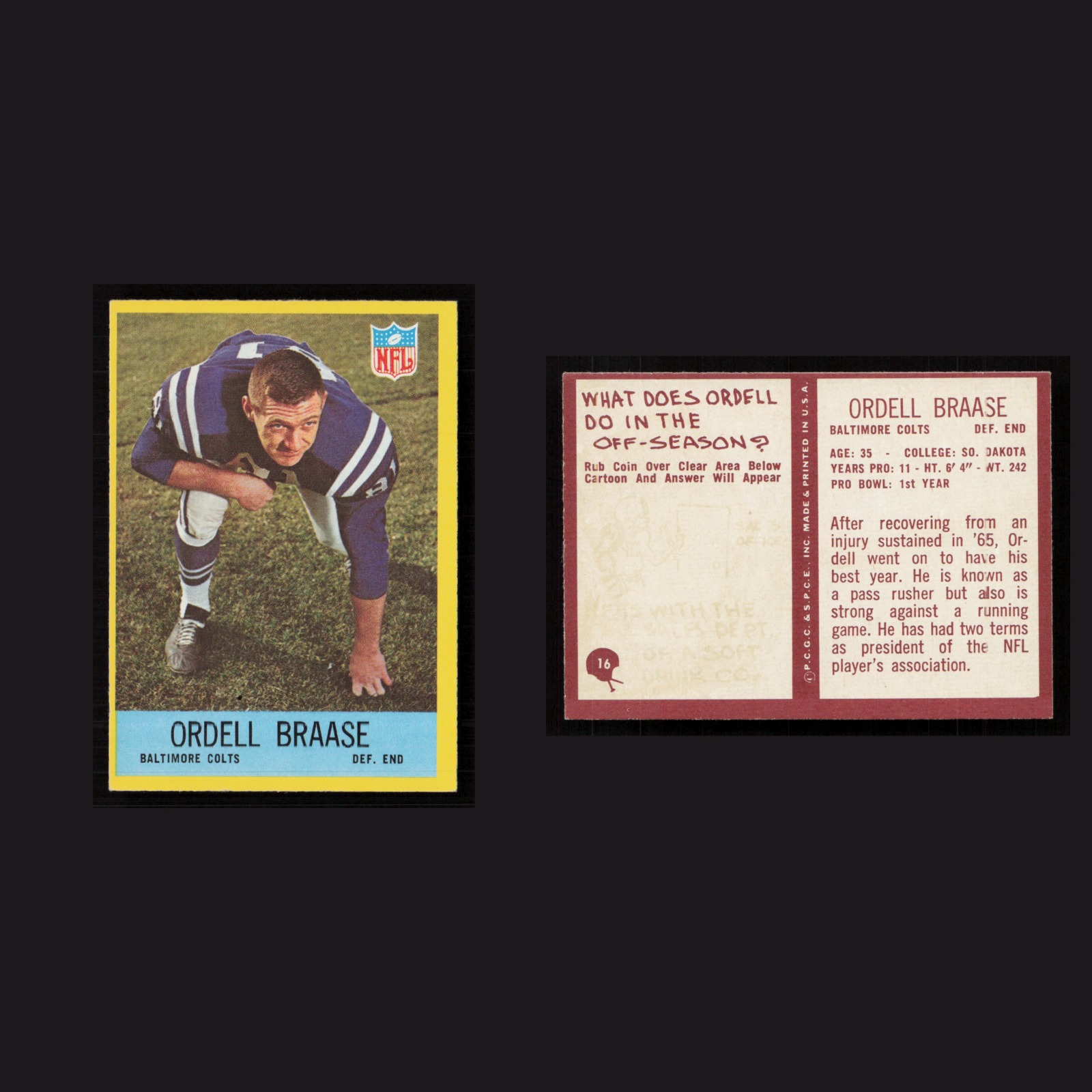 1967 Ordell Braase #16 NM Philadelphia Baltimore Colts Vintage Football Card NFL front and back scans. Card condition is Near Mint.
