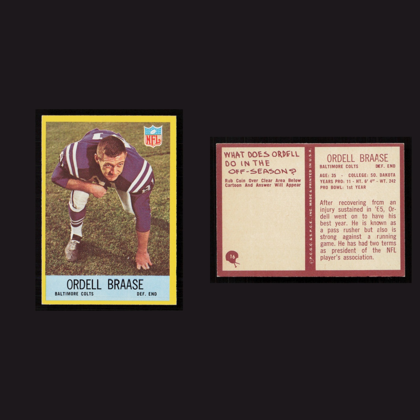 1967 Ordell Braase #16 NM Philadelphia Baltimore Colts Vintage Football Card NFL front and back scans. Card condition is Near Mint.