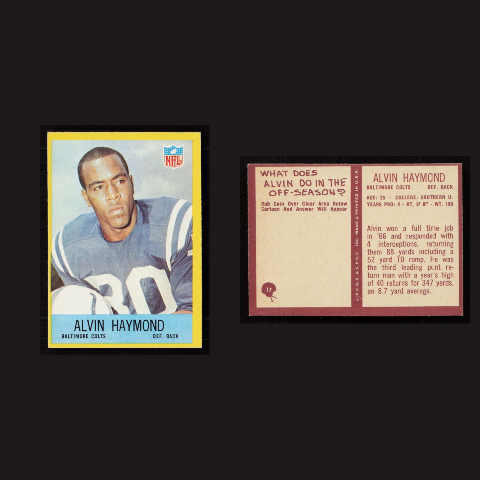 1967 Alvin Haymond #17 NM Philadelphia Baltimore Colts Vintage Football Card NFL front and back scans. Card condition is Near Mint.