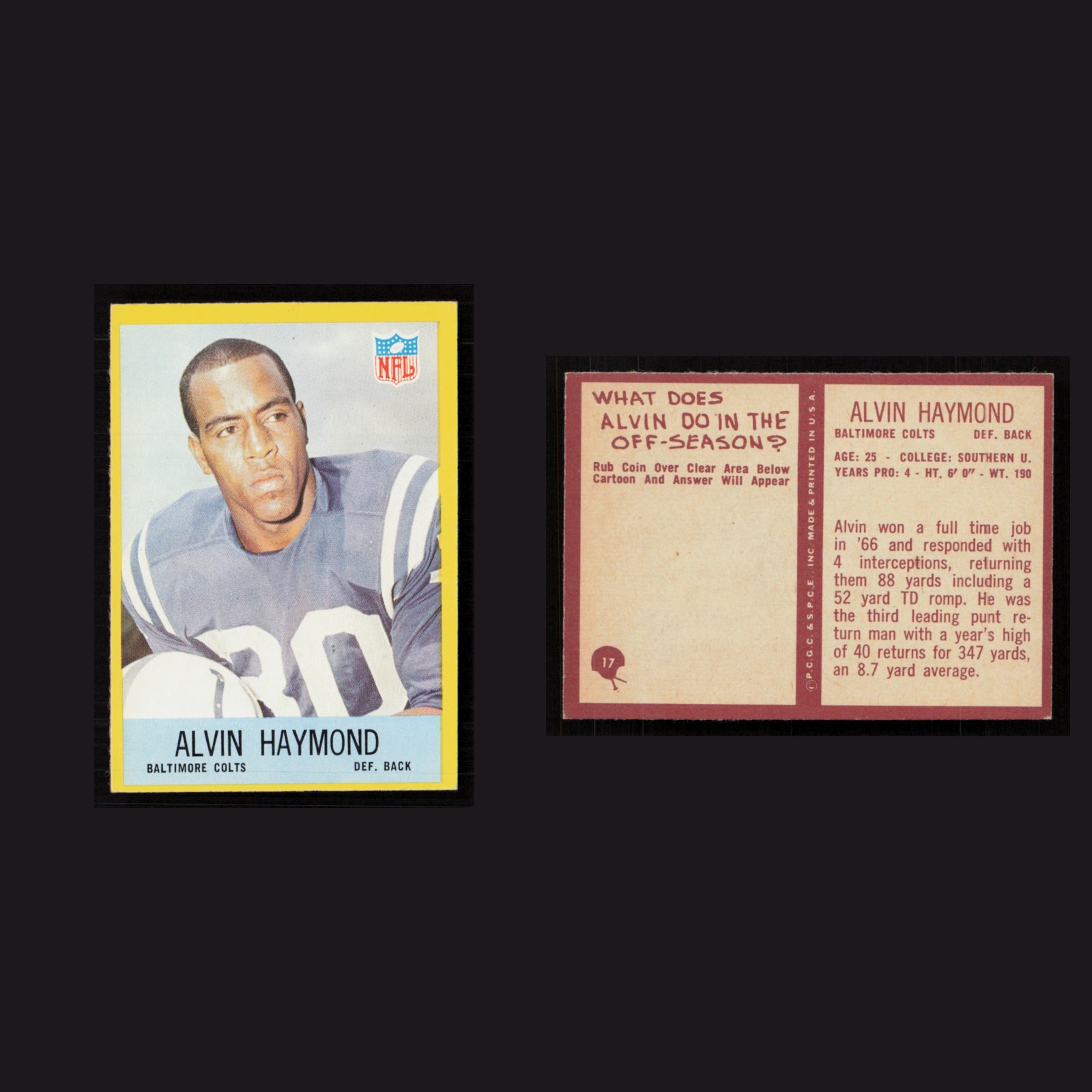 1967 Alvin Haymond #17 NM-MT Philadelphia Baltimore Colts Vintage Football Card front and back scans. Card condition is Near Mint.