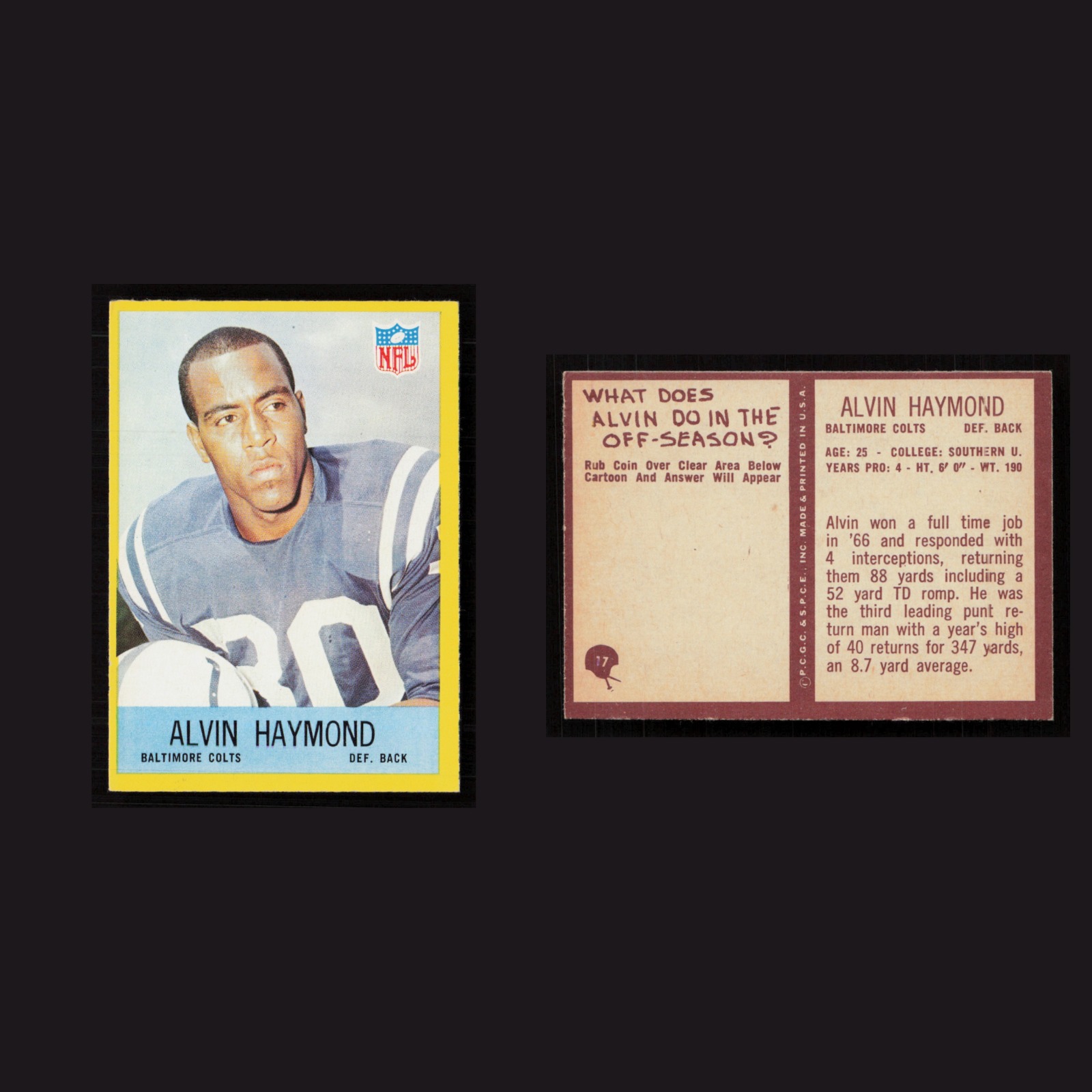 1967 Alvin Haymond #17 NM Philadelphia Baltimore Colts Vintage Football Card NFL front and back scans. Card condition is Near Mint.