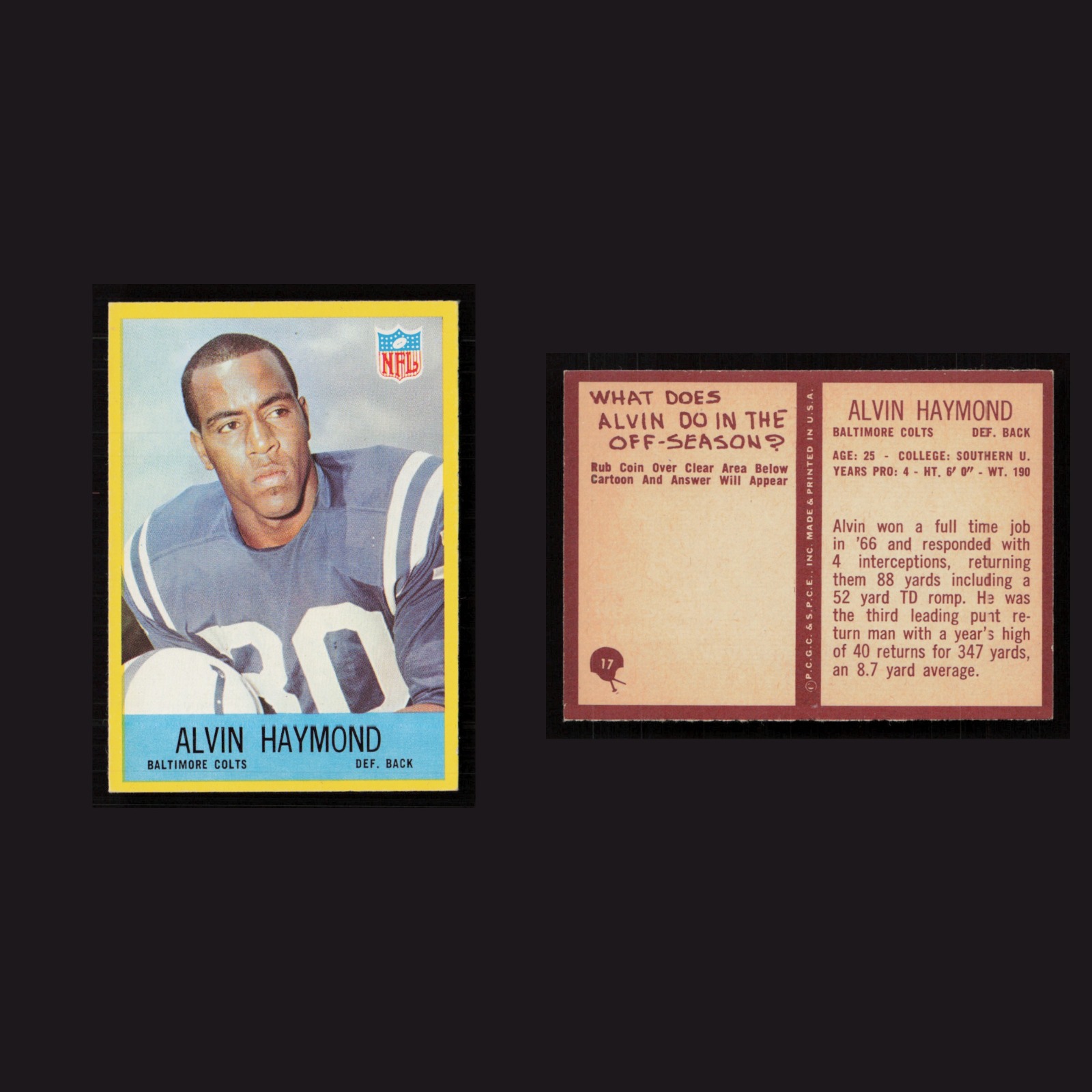 1967 Alvin Haymond #17 MINT Philadelphia Baltimore Colts Vintage Football Card front and back scans. Card condition is Near Mint.