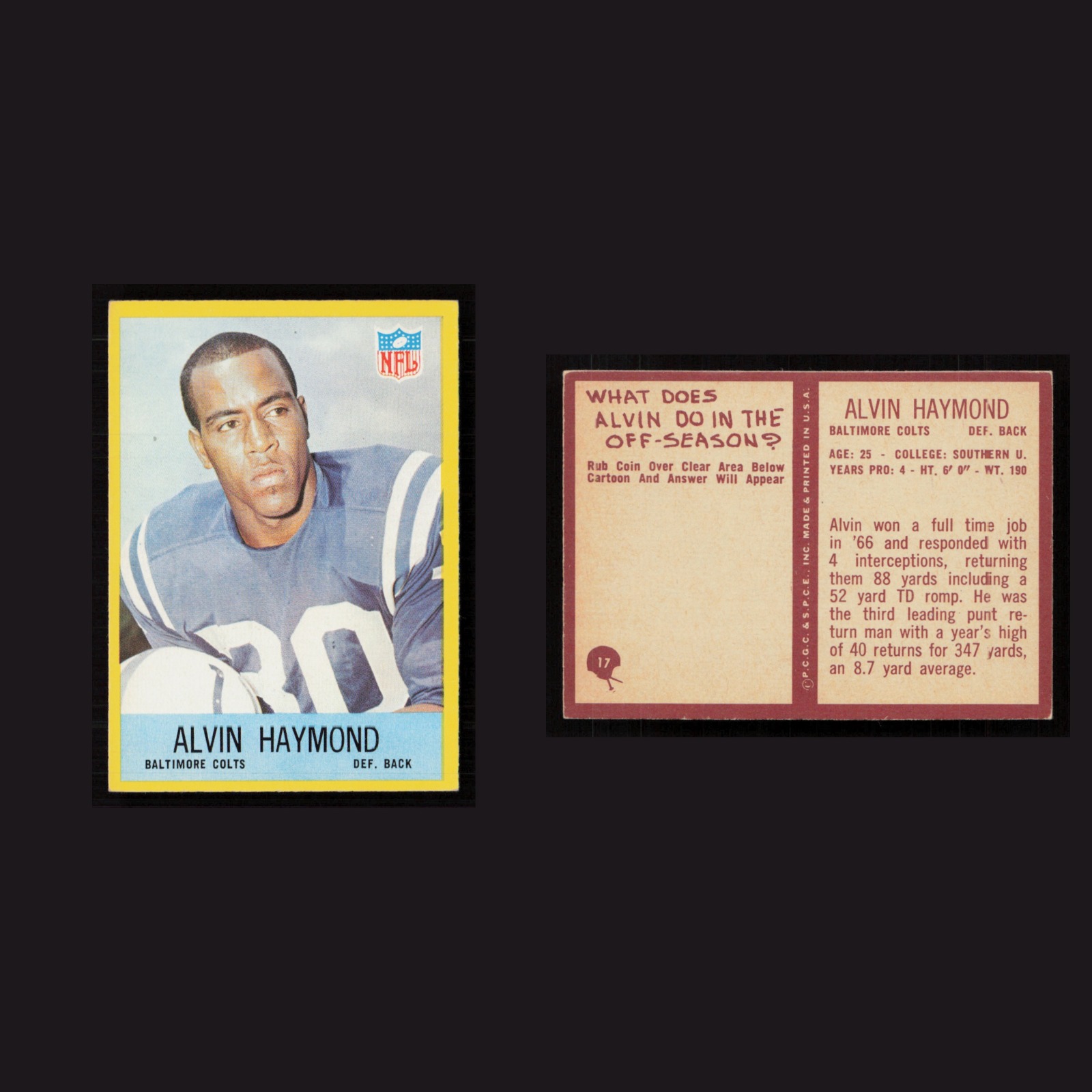 1967 Alvin Haymond #17 NM-MT Philadelphia Baltimore Colts Vintage Football Card front and back scans. Card condition is Near Mint.