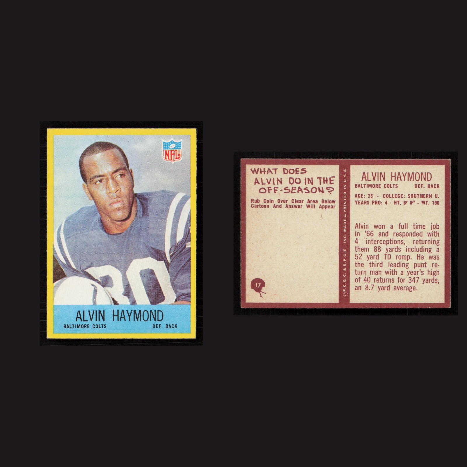 1967 Alvin Haymond #17 NM-MT Philadelphia Baltimore Colts Vintage Football Card front and back scans. Card condition is Near Mint.