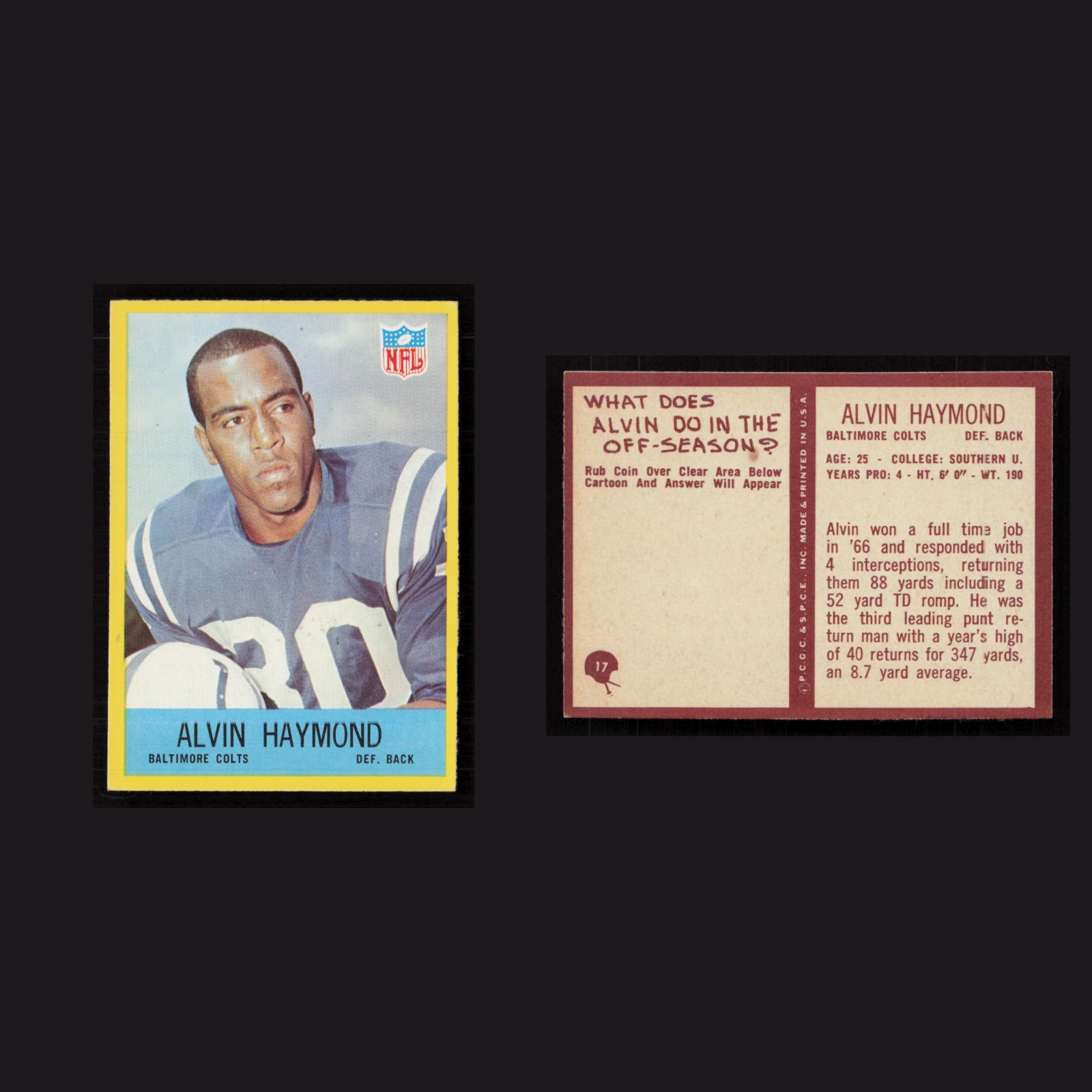 1967 Alvin Haymond #17 NM-MT Philadelphia Baltimore Colts Vintage Football Card front and back scans. Card condition is Near Mint.