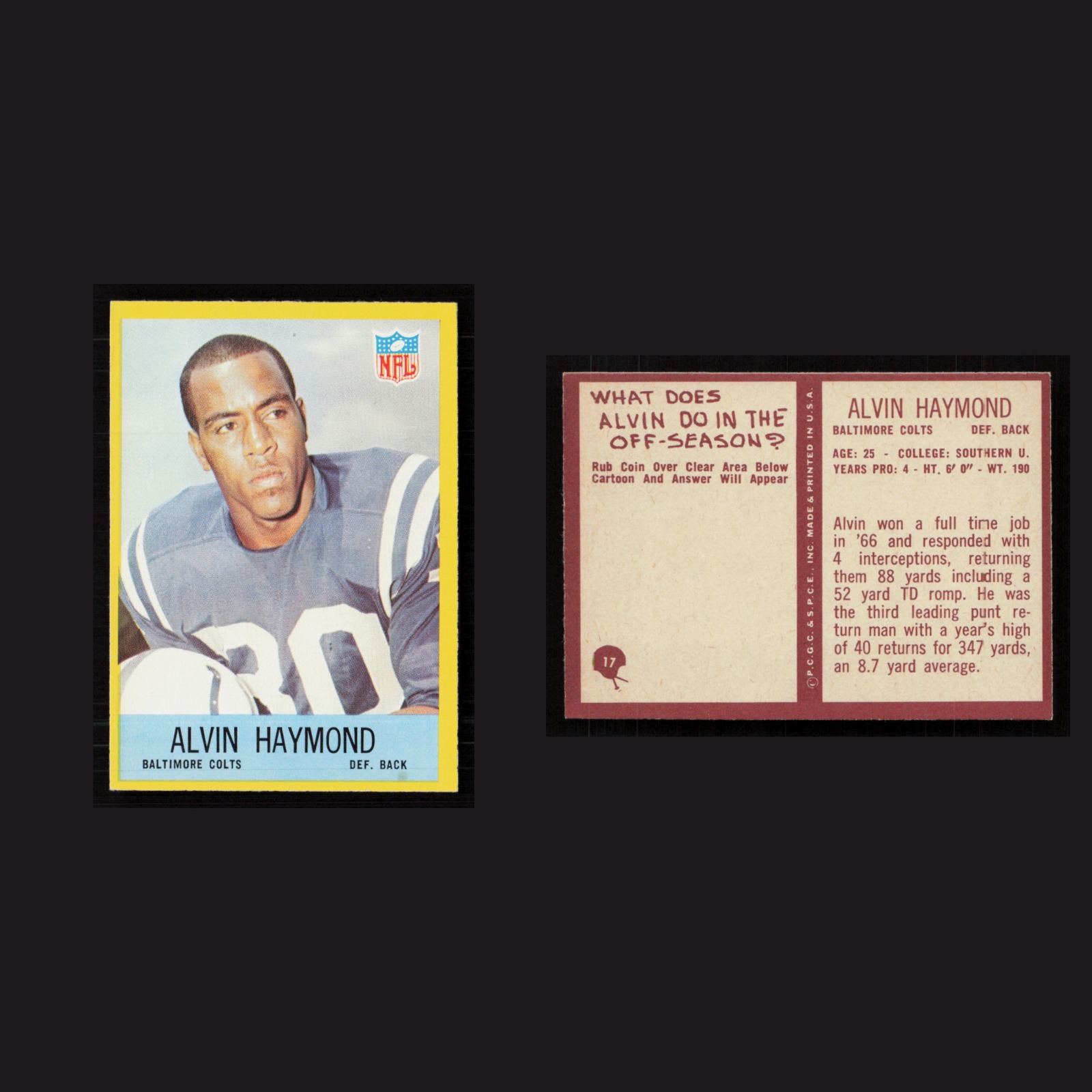 1967 Alvin Haymond #17 NM-MT Philadelphia Baltimore Colts Vintage Football Card front and back scans. Card condition is Near Mint.
