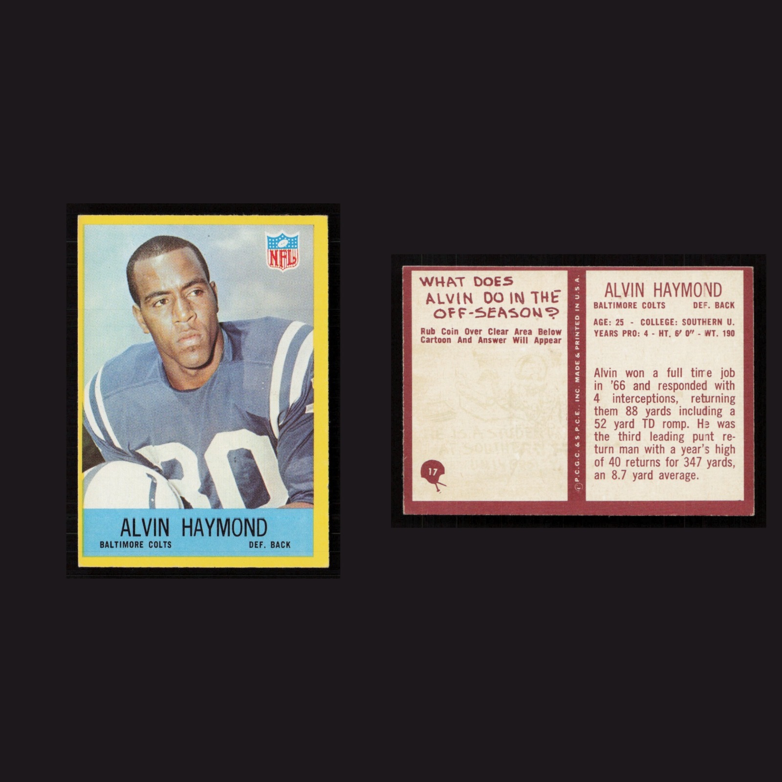 1967 Alvin Haymond #17 NM-MT Philadelphia Baltimore Colts Vintage Football Card front and back scans. Card condition is Near Mint.