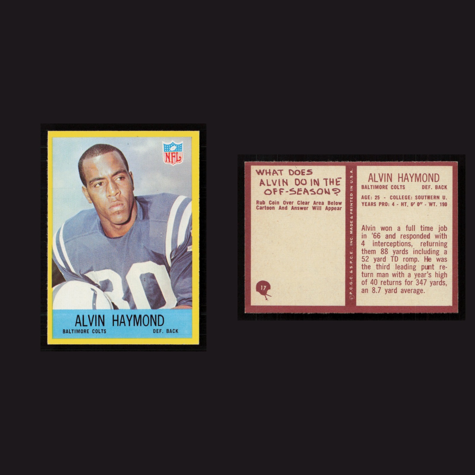1967 Alvin Haymond #17 MINT Philadelphia Baltimore Colts Vintage Football Card front and back scans. Card condition is Near Mint.