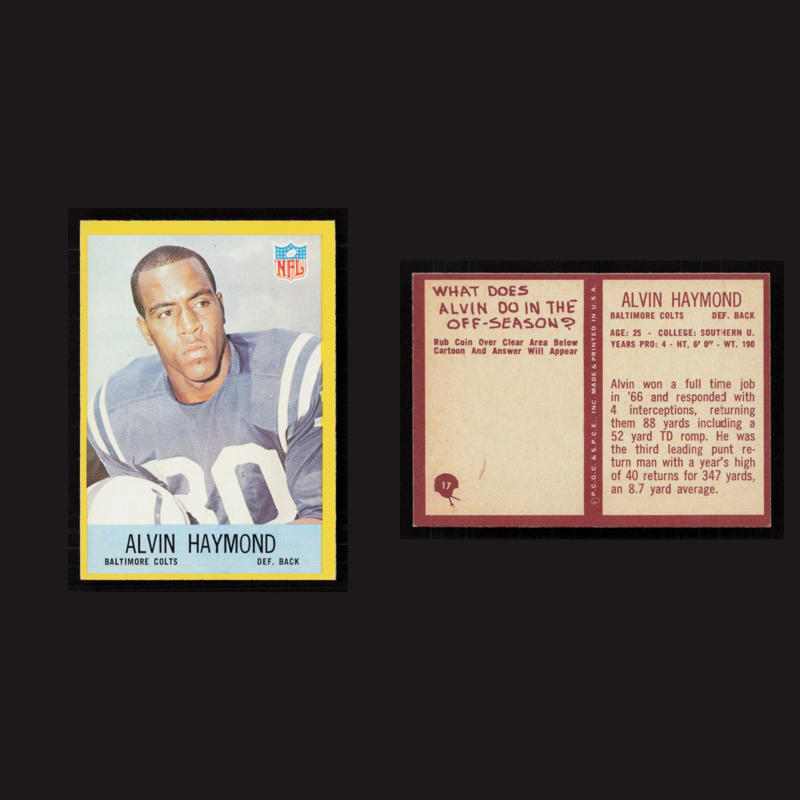1967 Alvin Haymond #17 MINT Philadelphia Baltimore Colts Vintage Football Card front and back scans. Card condition is Near Mint.