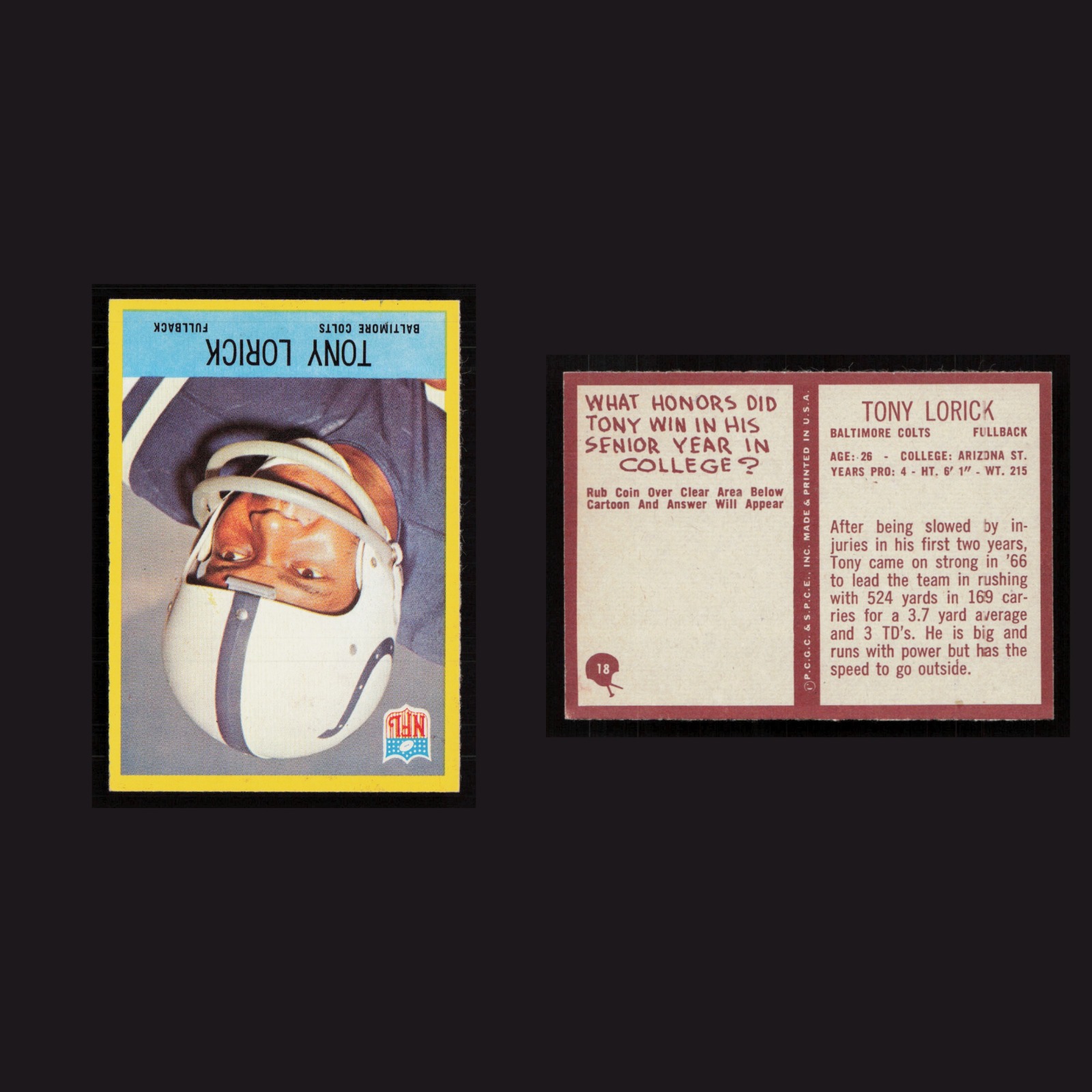 1967 Tony Lorick #18 MINT Philadelphia Baltimore Colts Vintage Football Card NFL front and back scans. Card condition is Near Mint.