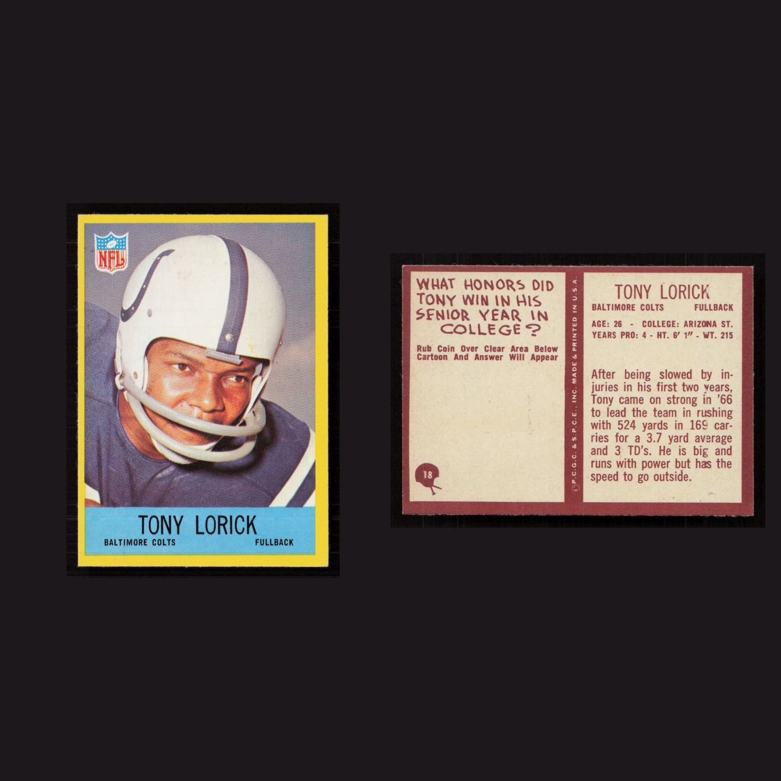 1967 Tony Lorick #18 NM-MT Philadelphia Baltimore Colts Vintage Football Card front and back scans. Card condition is Near Mint.