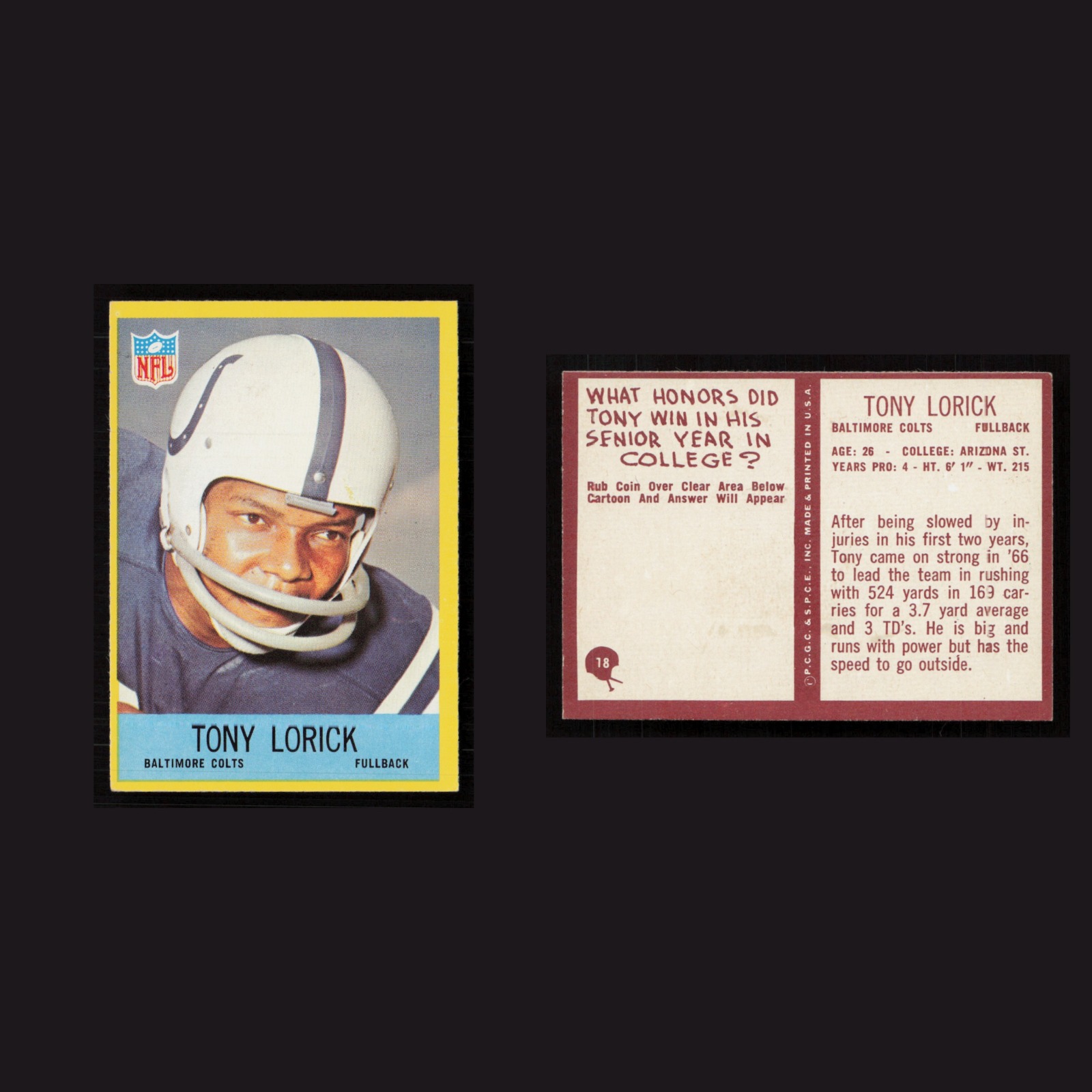 1967 Tony Lorick #18 NM Philadelphia Baltimore Colts Vintage Football Card NFL front and back scans. Card condition is Near Mint.
