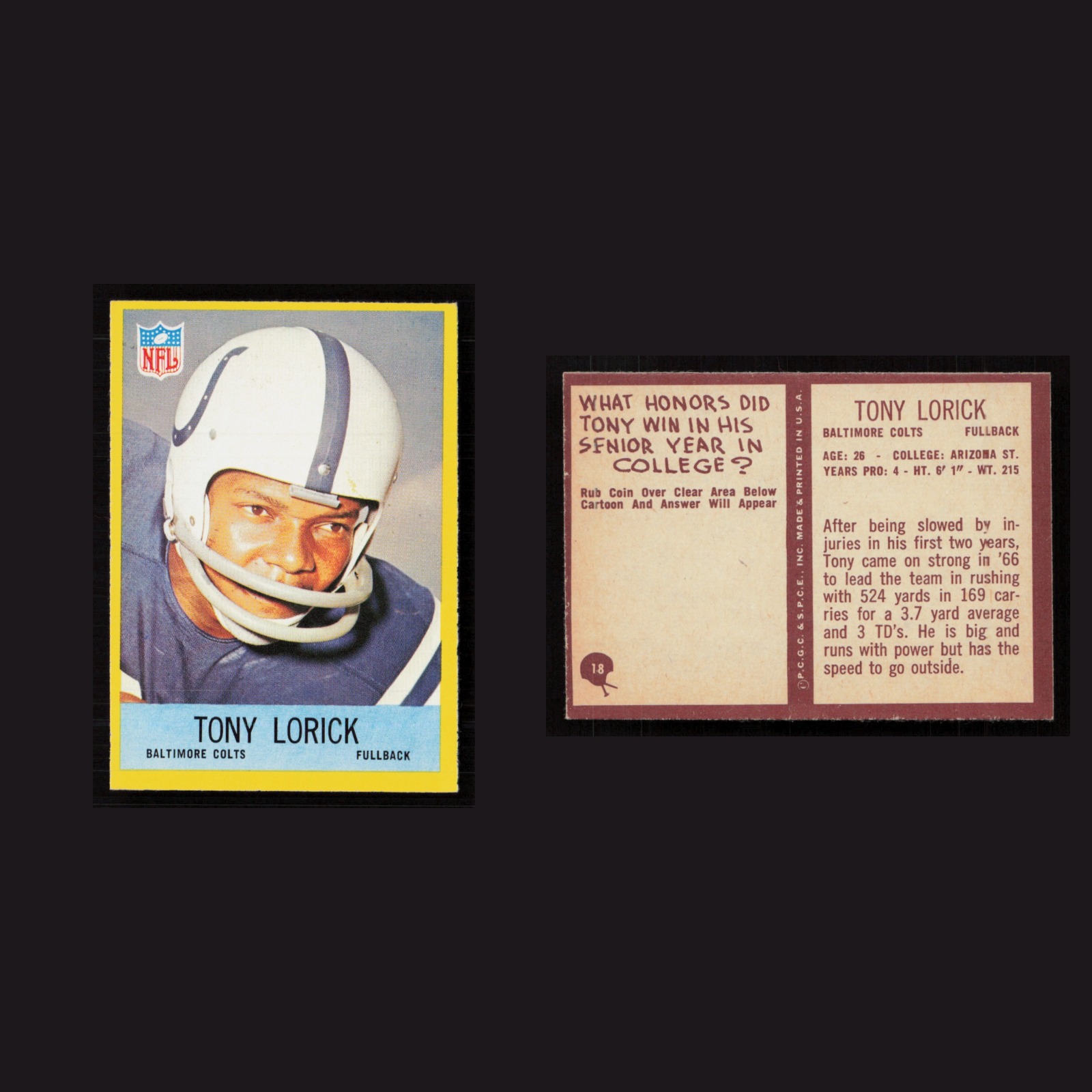 1967 Tony Lorick #18 NM-MT Philadelphia Baltimore Colts Vintage Football Card front and back scans. Card condition is Near Mint.
