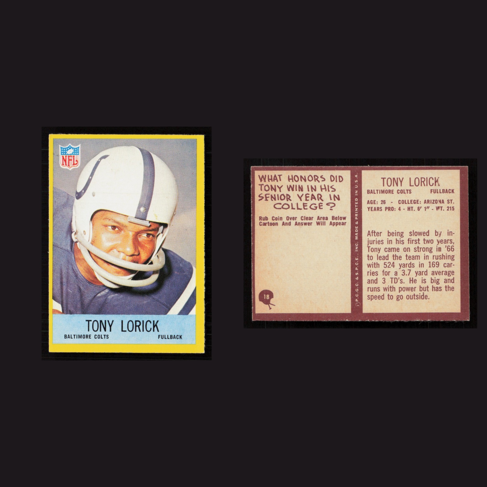 1967 Tony Lorick #18 NM-MT Philadelphia Baltimore Colts Vintage Football Card front and back scans. Card condition is Near Mint.