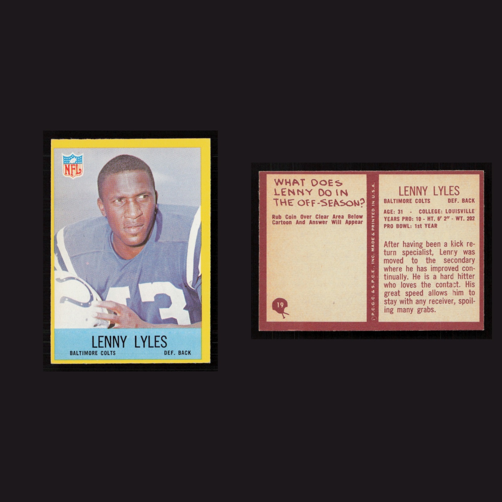1967 Lenny Lyles #19 NM-MT Philadelphia Baltimore Colts Vintage Football Card front and back scans. Card condition is Near Mint.