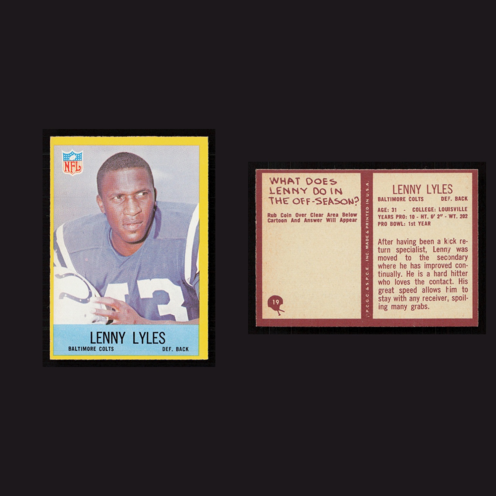 1967 Lenny Lyles #19 NM Philadelphia Baltimore Colts Vintage Football Card NFL front and back scans. Card condition is Near Mint.