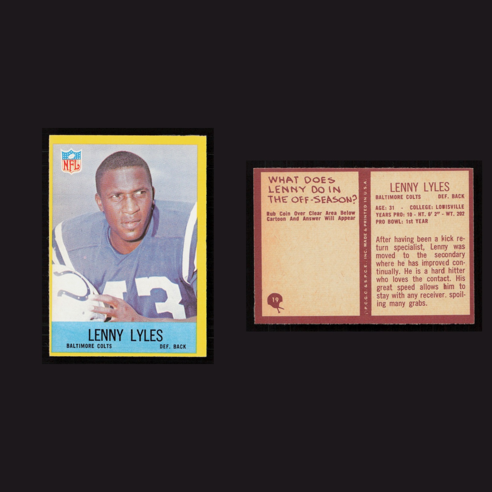 1967 Lenny Lyles #19 NM Philadelphia Baltimore Colts Vintage Football Card NFL front and back scans. Card condition is Near Mint.