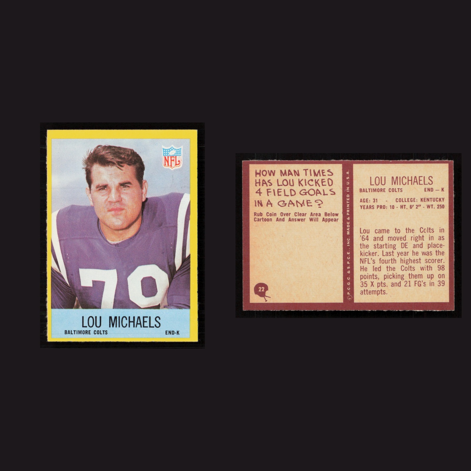 1967 Lou Michaels #22 NM Philadelphia Baltimore Colts Vintage Football Card NFL front and back scans. Card condition is Near Mint.