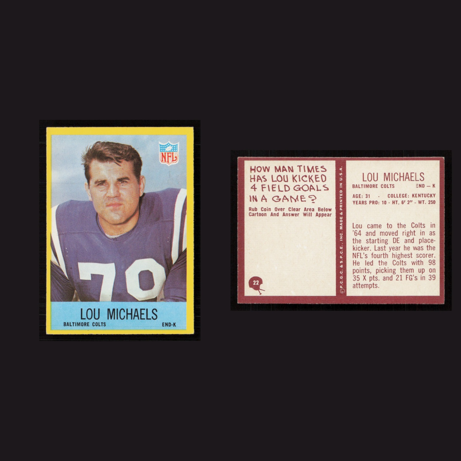 1967 Lou Michaels #22 NM-MT Philadelphia Baltimore Colts Vintage Football Card front and back scans. Card condition is Near Mint.