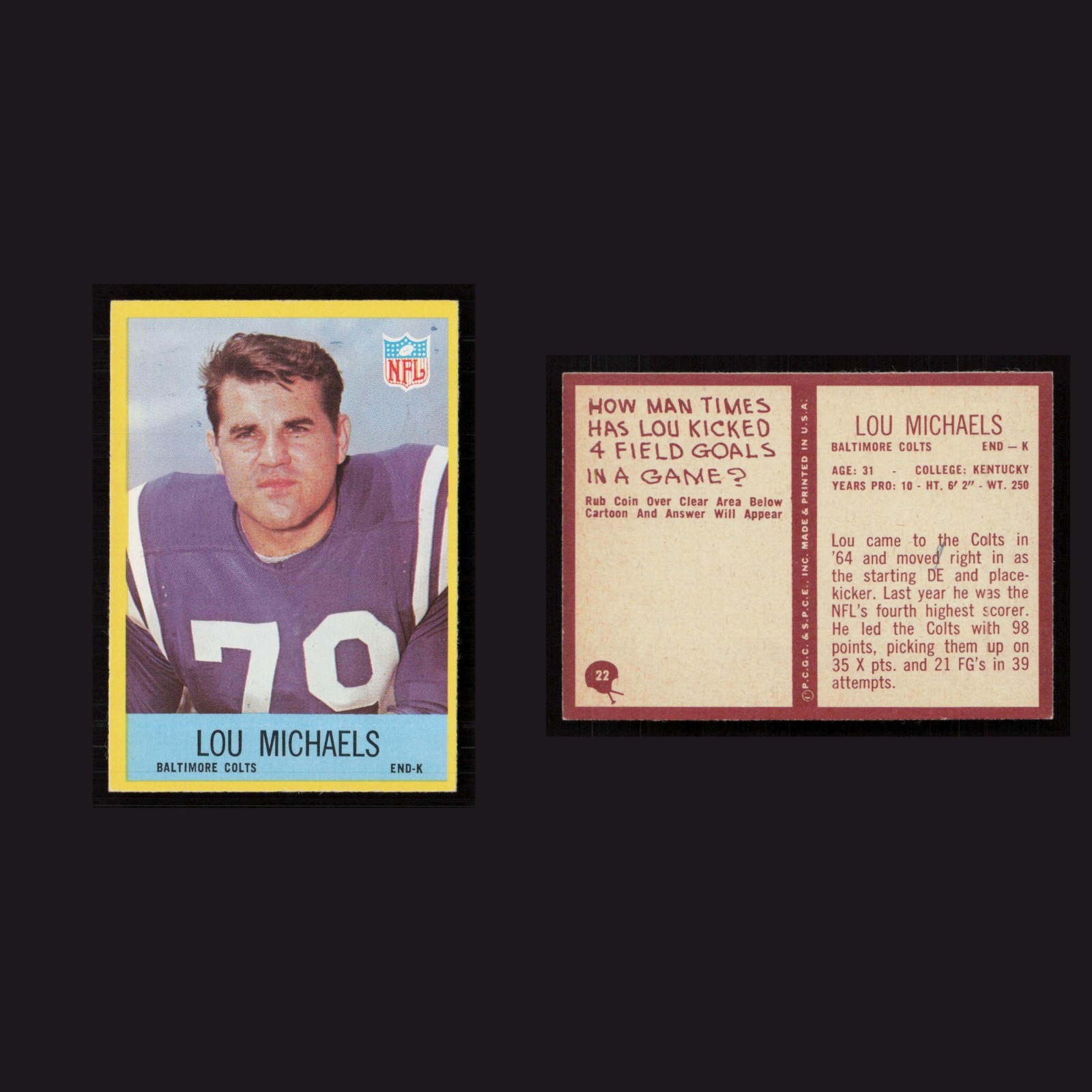 1967 Lou Michaels #22 NM-MT Philadelphia Baltimore Colts Vintage Football Card front and back scans. Card condition is Near Mint.