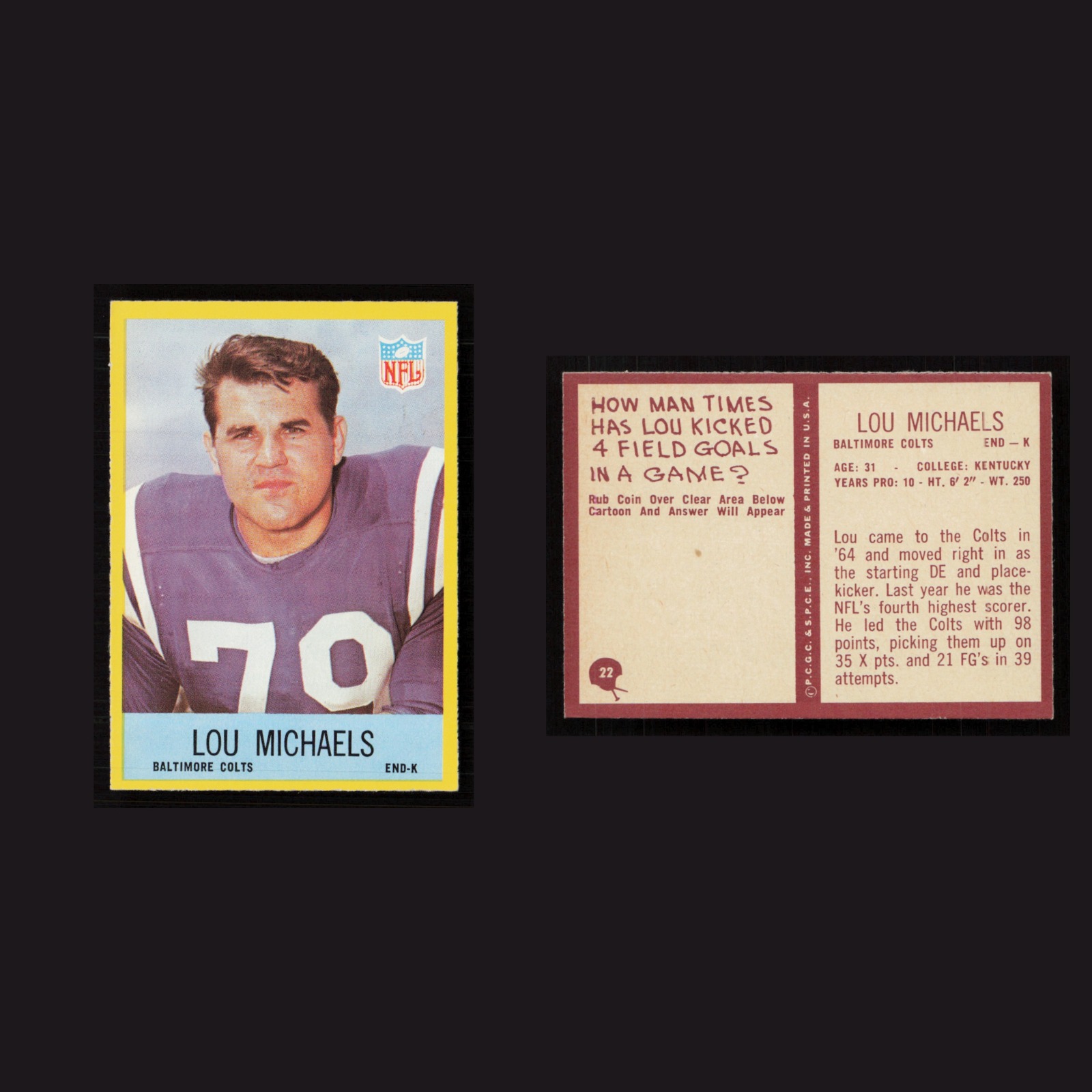 1967 Lou Michaels #22 MINT Philadelphia Baltimore Colts Vintage Football Card front and back scans. Card condition is Near Mint.