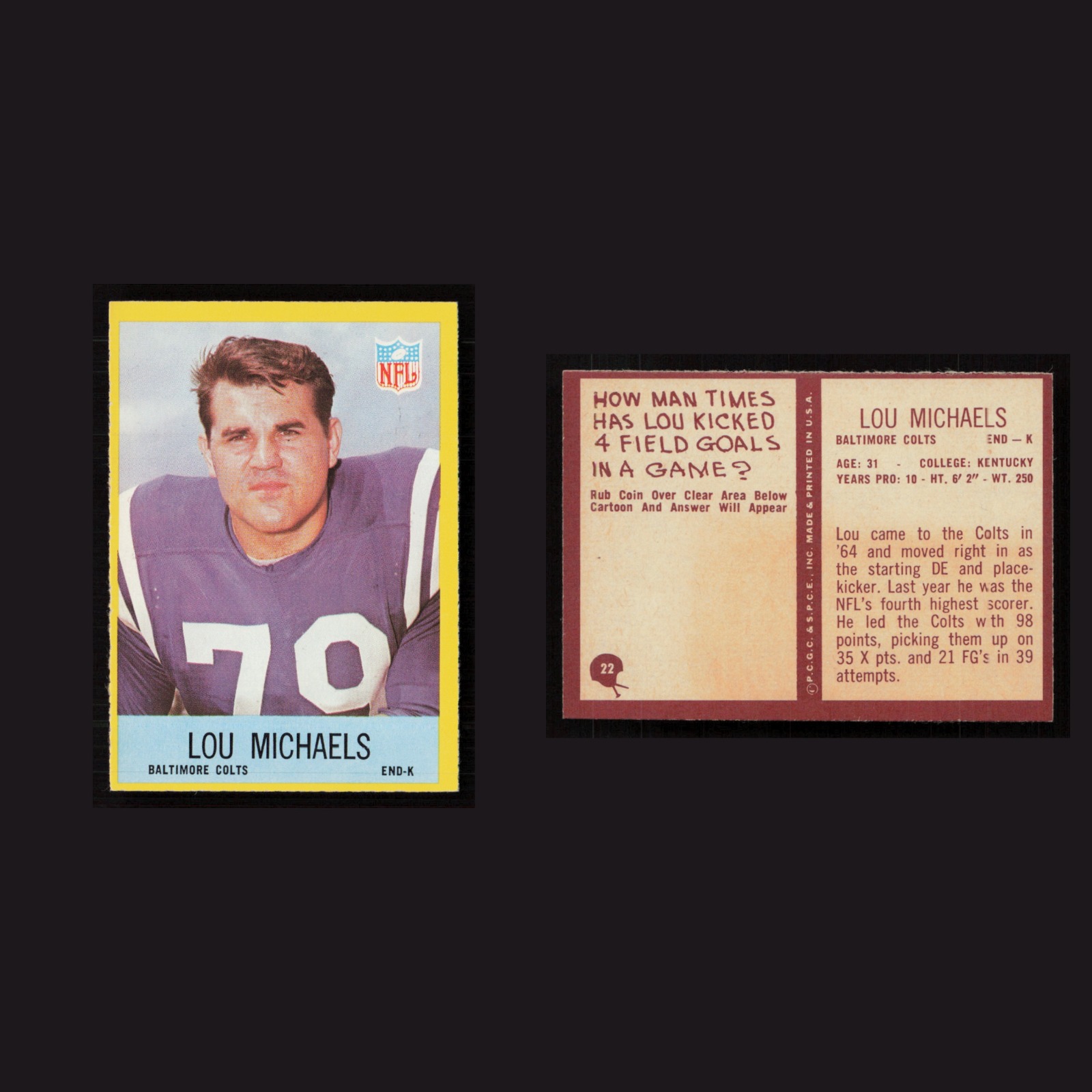 1967 Lou Michaels #22 NM-MT Philadelphia Baltimore Colts Vintage Football Card front and back scans. Card condition is Near Mint.