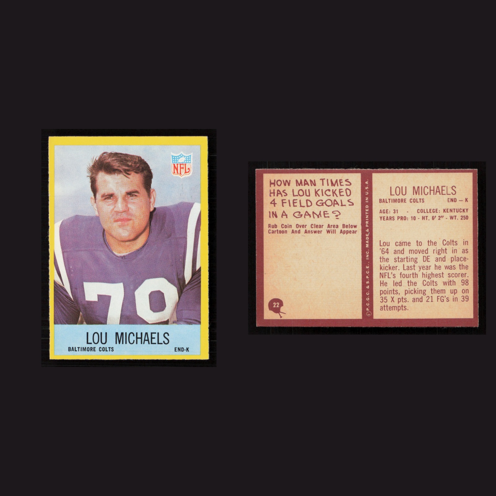 1967 Lou Michaels #22 MINT Philadelphia Baltimore Colts Vintage Football Card front and back scans. Card condition is Near Mint.