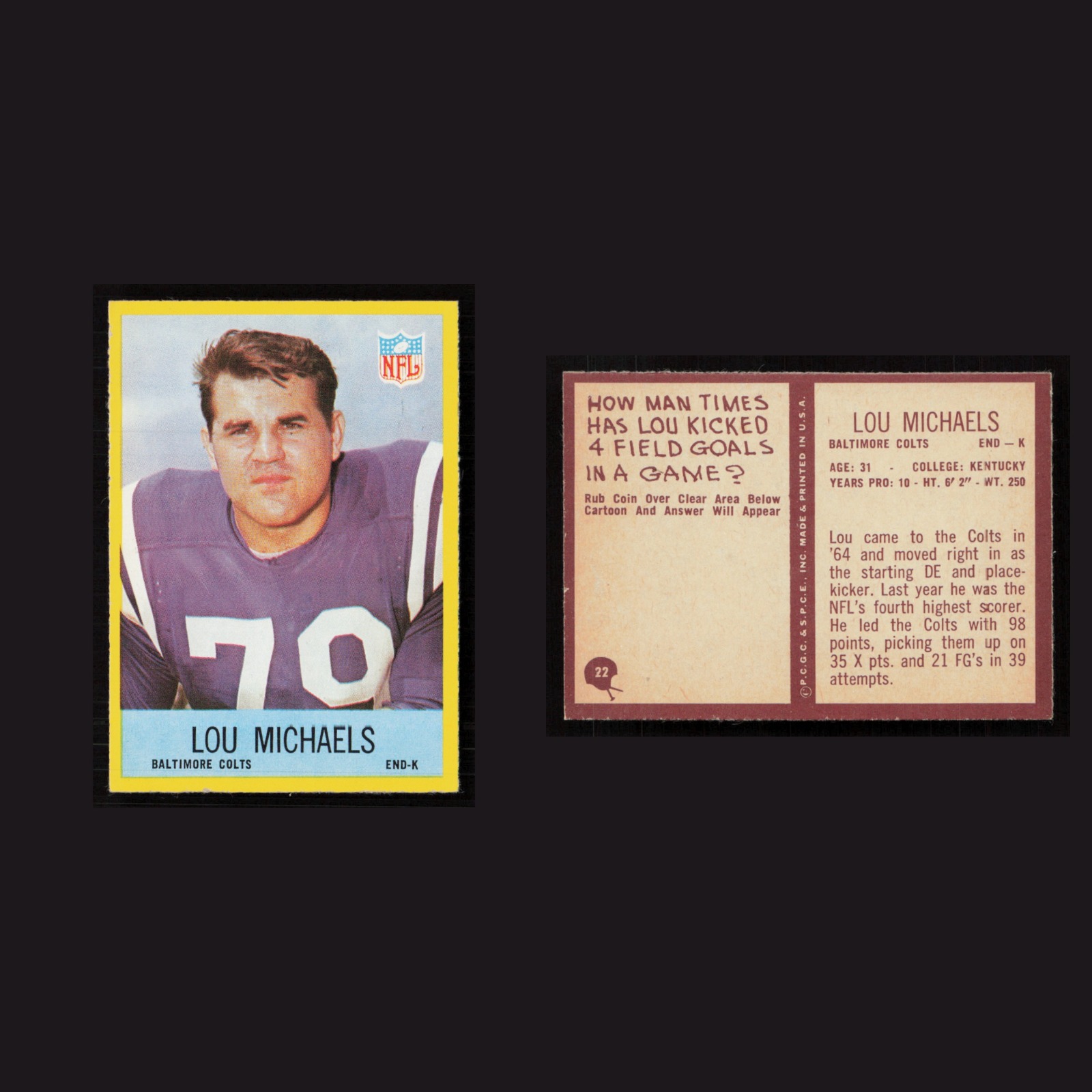 1967 Lou Michaels #22 NM-MT Philadelphia Baltimore Colts Vintage Football Card front and back scans. Card condition is Near Mint.